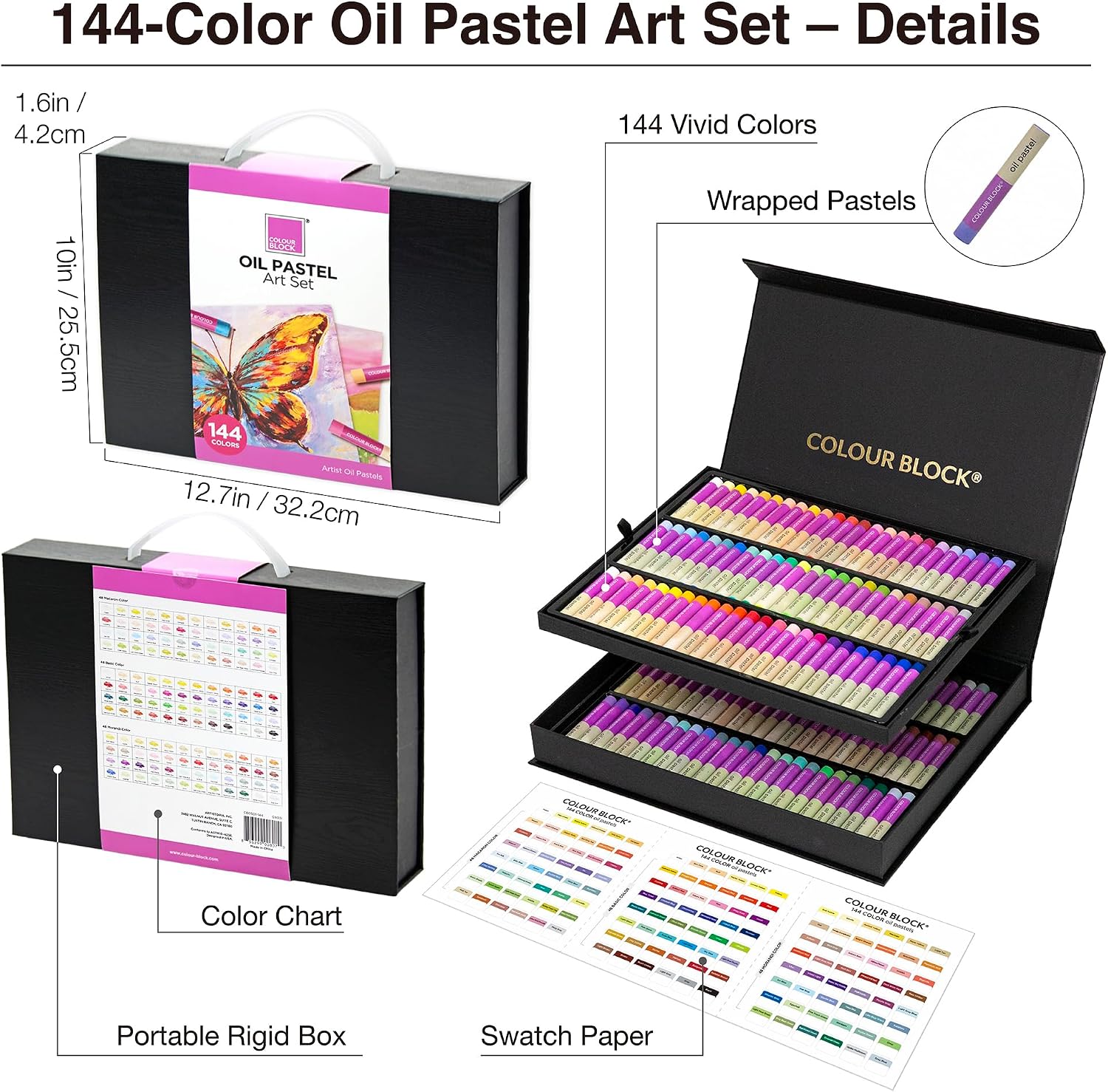 COLOUR BLOCK 144 Colors Oil Pastels Art Set, Premiun Ultra-Soft Creamy Pastel for Drawing, Blending, Shading for Professional Artists, Beginners, Hobbyists, Portable Rigid Box for Gifting