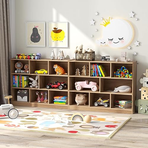Miniatura 9 de Costzon Organizadores y almacenamiento de juguetes para niños, estantería de madera de 3 niveles con 8 compartimentos para organizar libros,