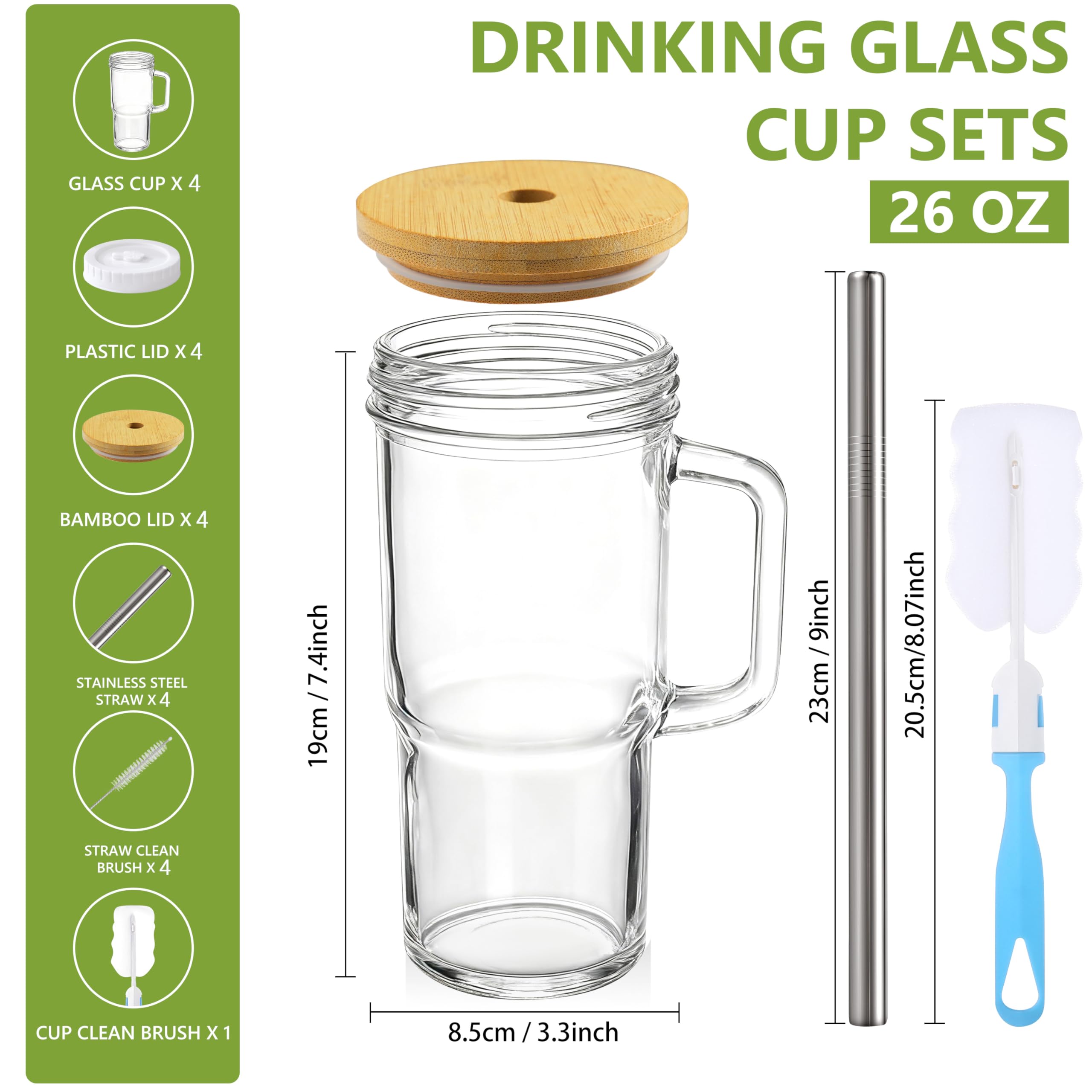 Vasos de vidrio con tapas de bambú y popotes, vaso de 24 onzas con asa, paquete de 4 tarros Mason con tapa y popote, vasos reutilizables de boca ancha, taza Boba, vaso de batido, taza de café helado,