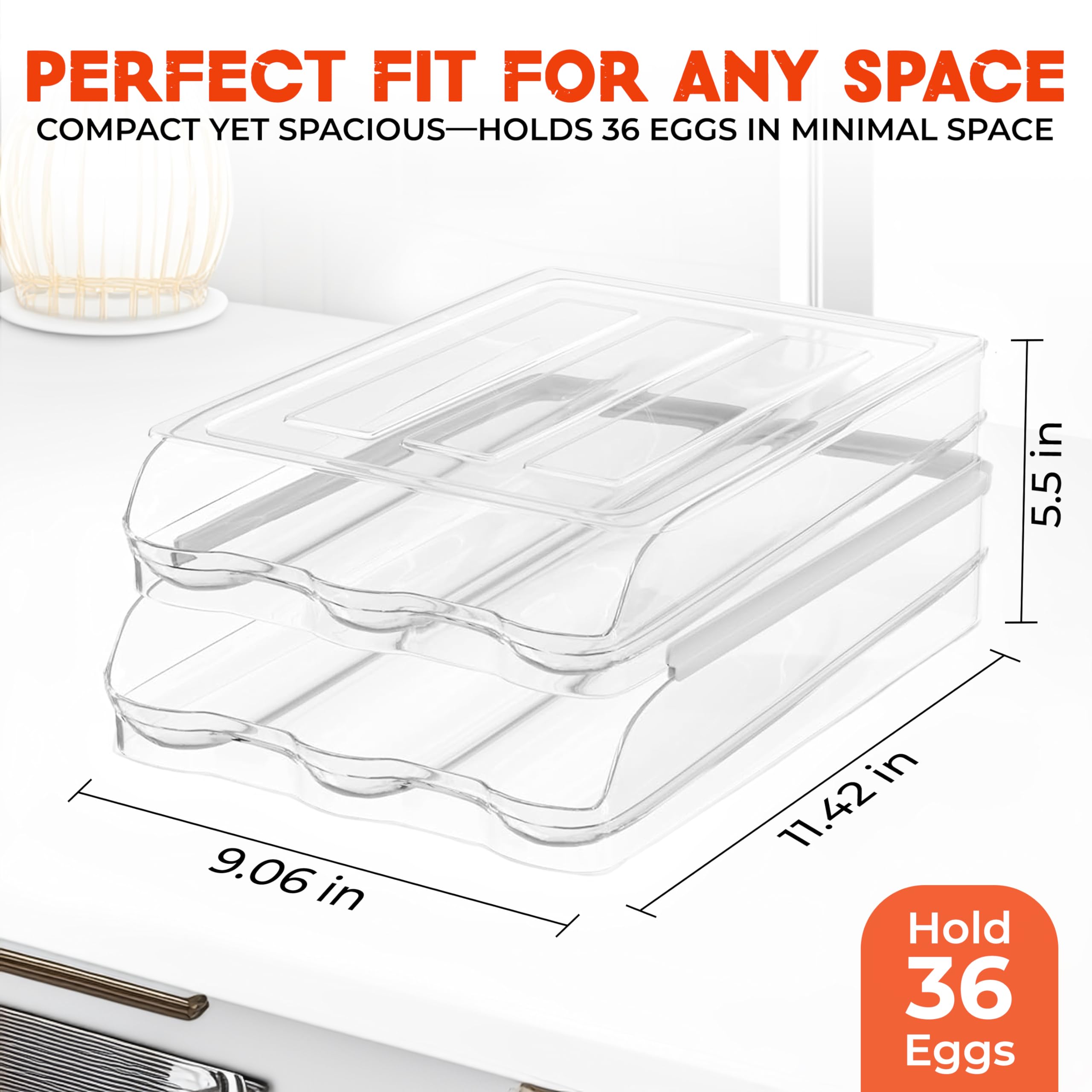 Soporte para 36 huevos para refrigerador, organizador automático de huevos de 2 niveles para ahorrar espacio y almacenamiento fresco, sin BPA 2