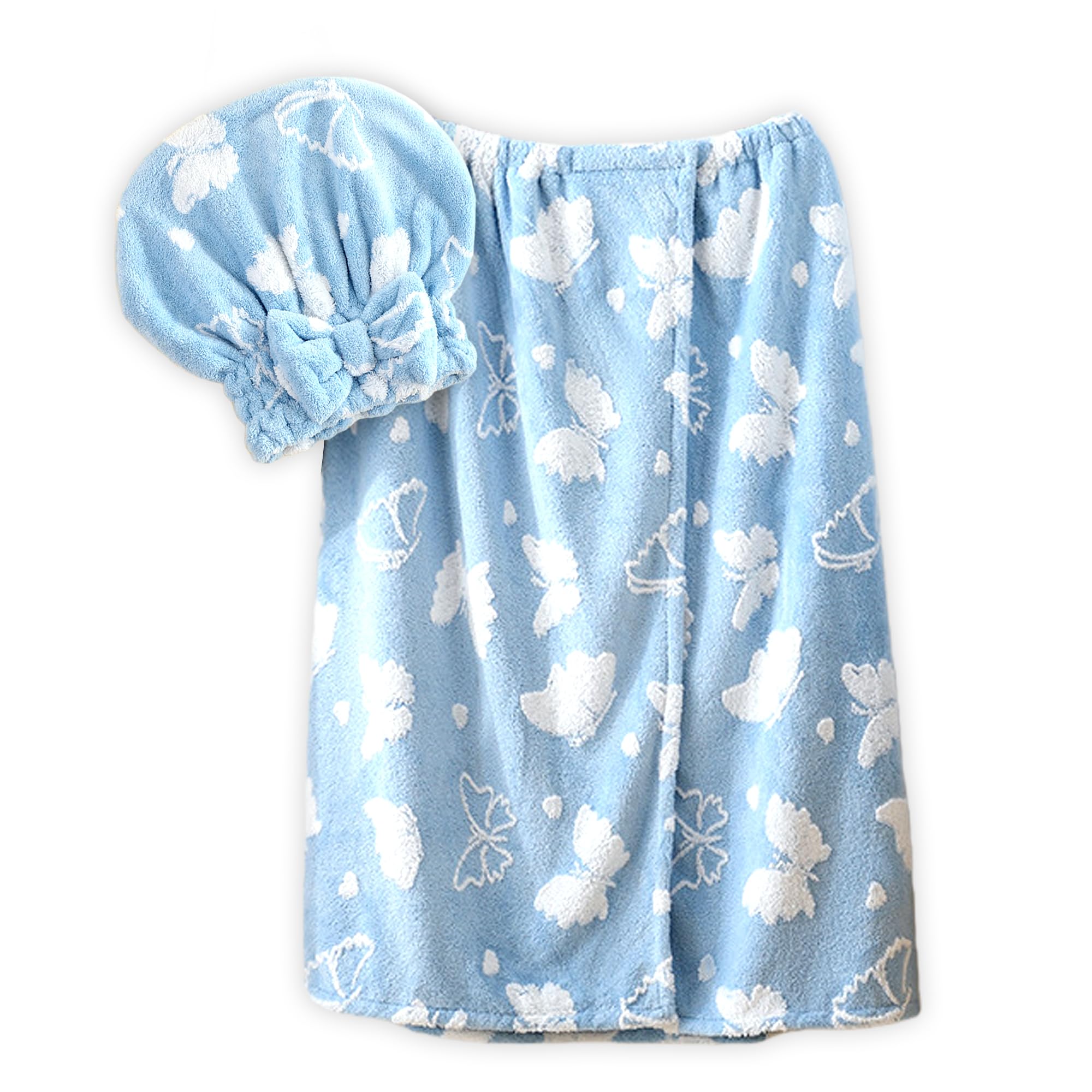 UINSUE Soft Coral Fleece Bath Skirt & Hair Drying Cap Set with Jacquard Butterfly Bow Design Quick Dry Wearable Towel for Home Spa (Blue)
