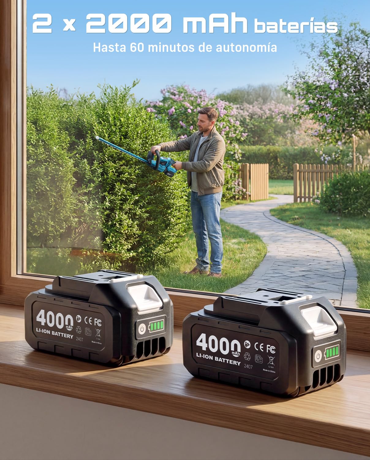 SEESII Cortasetos Batería 56 cm, Cortasetos Eléctrico 20V con 2 Baterías 4000mAh y Cargador, Espacio Entre Cuchillas 18 mm, Recogedor de Residuos, Cortasetos Inalámbrico para Jardín y Arbustos