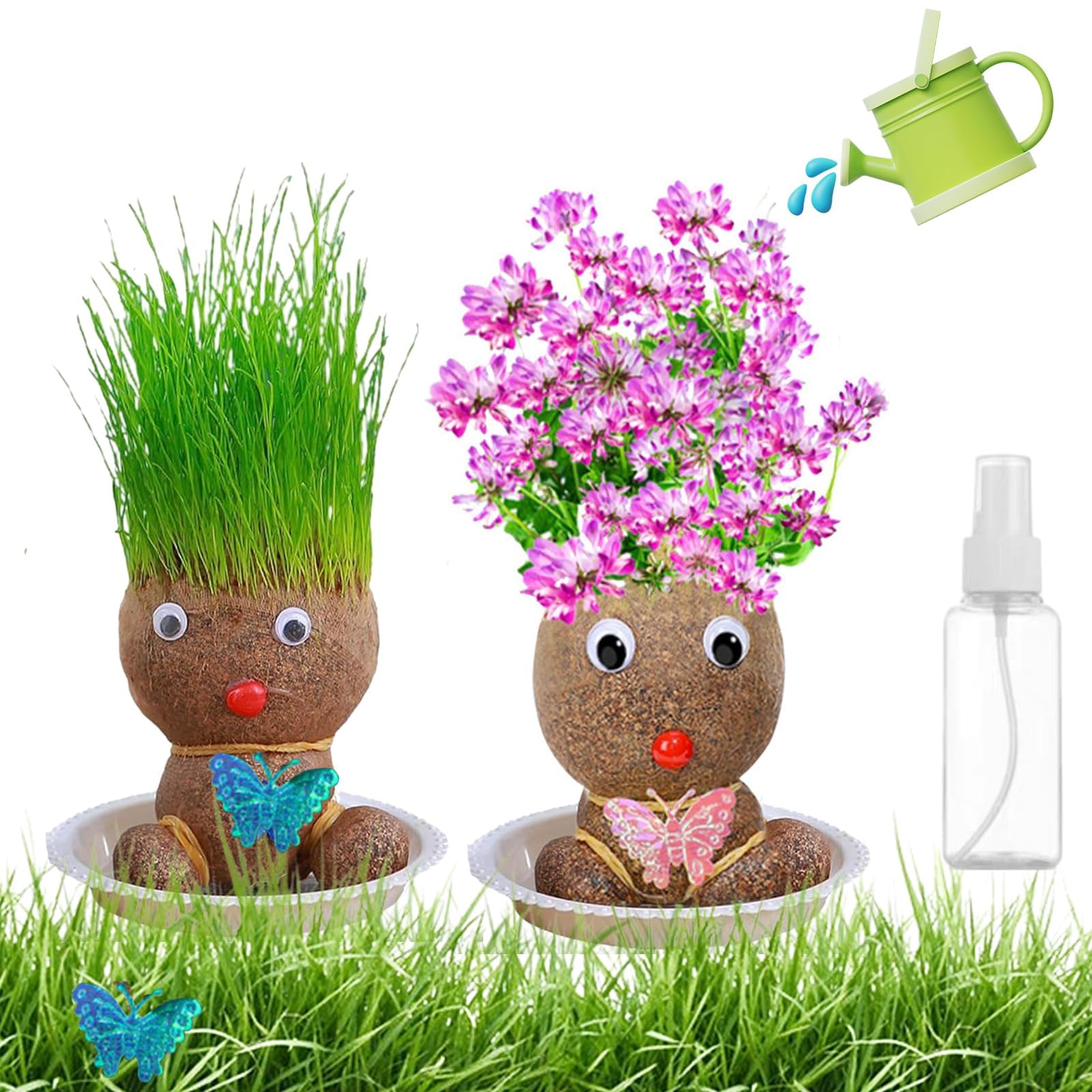 Lot De 5 Têtes D'herbe – 2 Styles – Avec Plateau Et Vaporisateur – Poupées à Gazon – Dès 4 Ans – Décoration Et éveil