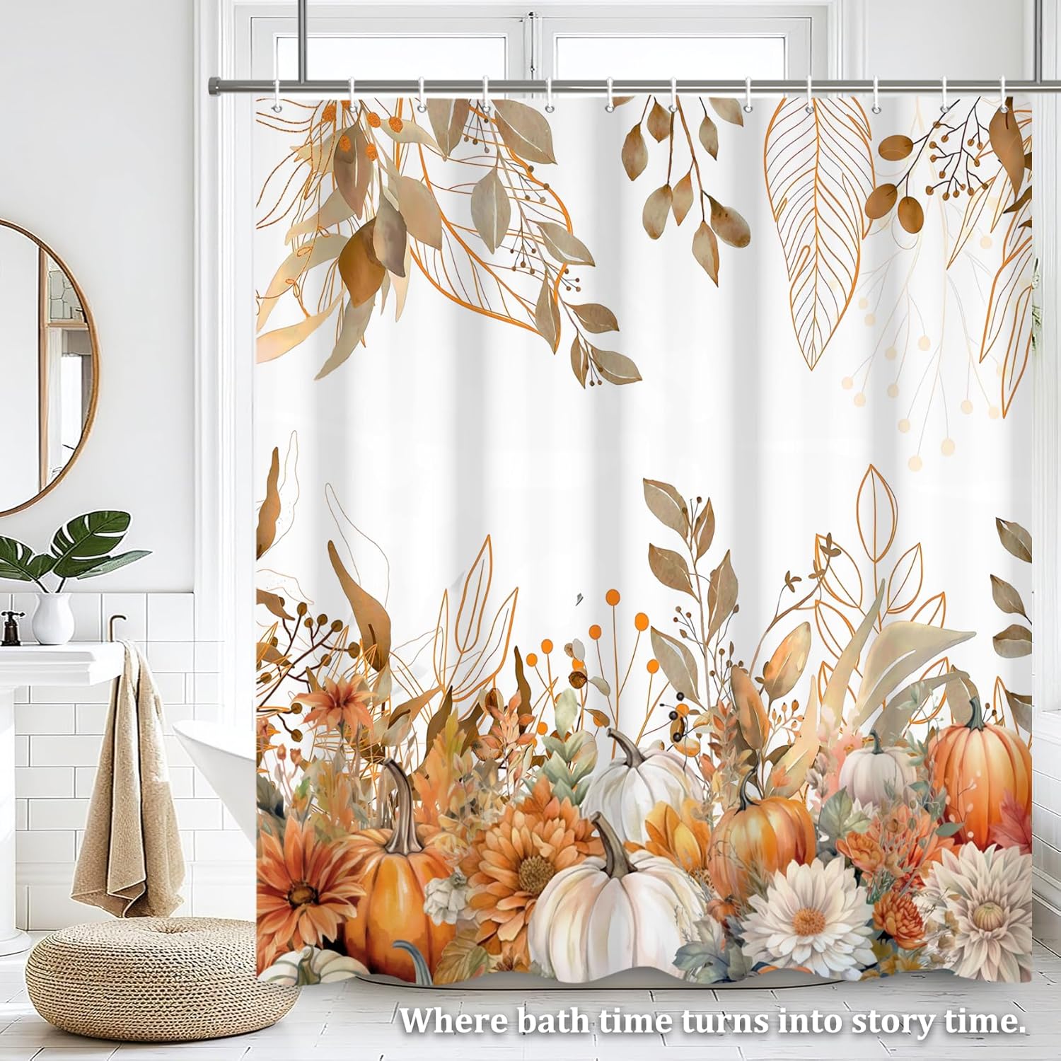 Renaiss 72 x 72 Inch Fall Harvest Thanksgiving Pumpkin Shower Curtain Autumn Tan Leaves Floral Pumpkin Farmhouse Bath Curtain Bathroom Accessories Botanical for Bathroom Curtain Set with Plastic Hooks