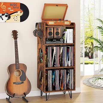 4 Tier Record Player Stand Vintage Side Table Record Player Shelf with Record Storage Wooden Vinyl Record Stand Vinyl Holder Holds 300+ Albums for Living Room Bedroom Office