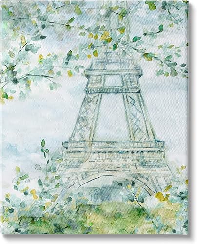 Stupell Industries Lienzo decorativo para pared, diseño de torre Eiffel, diseño de árboles de hojas verdes suaves, 24 x 30 pulgadas