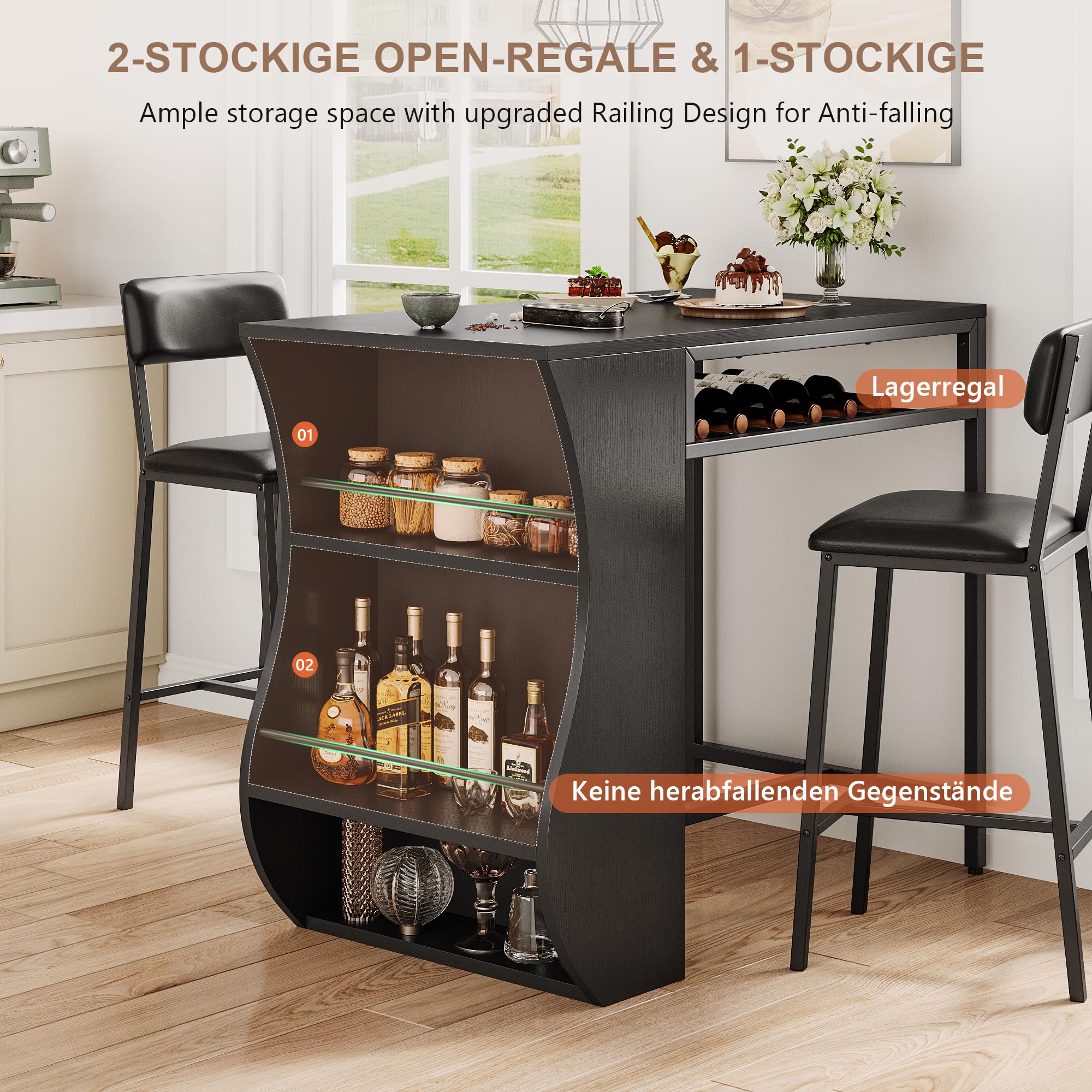 FEONASE 3-teiliges Bartisch mit Barhocker Set, Bistrotisch mit 2 Stühlen und 2-stöckigen Aufbewahrungsregalen & Weinregal, Moden Küche Esstisch mit 2 stühlen für Kleine Räume, Schwarz