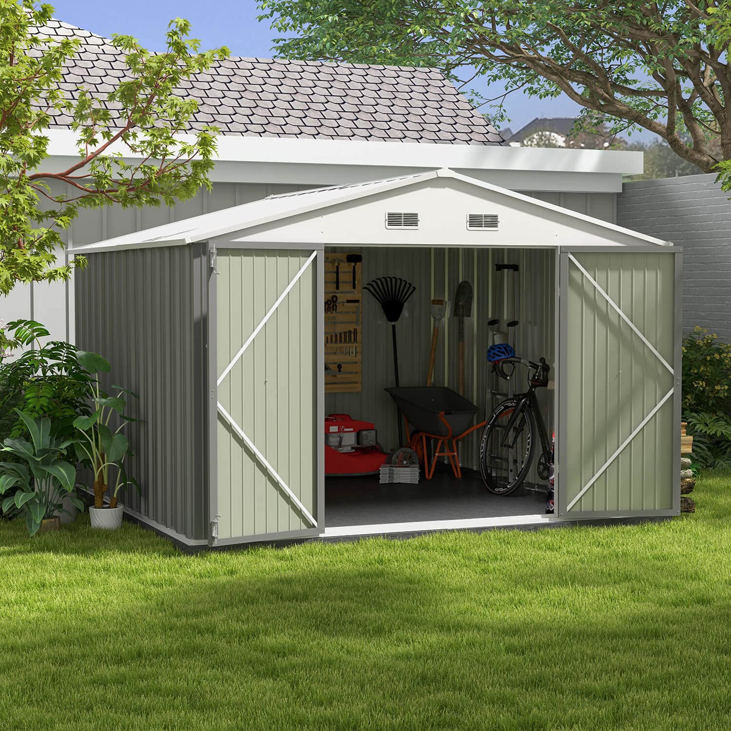 Patiowell 10 Foot x 10 Foot Metal Storage Shed for Outdoor, Steel Yard Shed with Design of Lockable Doors, Utility and Tool Storage for Garden, Backyard, Patio, Outside use, Grey (Box 1 of 4 only)