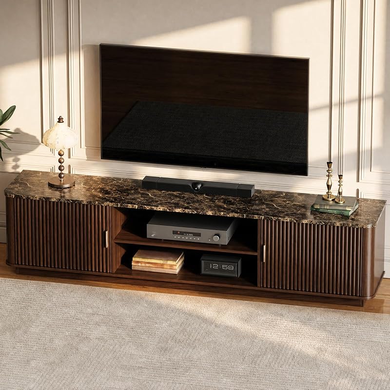 MODNEST Faux Marble Top TV Stands for Living Room Bedroom 70” TV Consoles | Mid Century Modern, Fluted Wood Entertainment Center, Walnut TV Stand with Storage & Adjustable Shelves for TVs up to 80 Inch