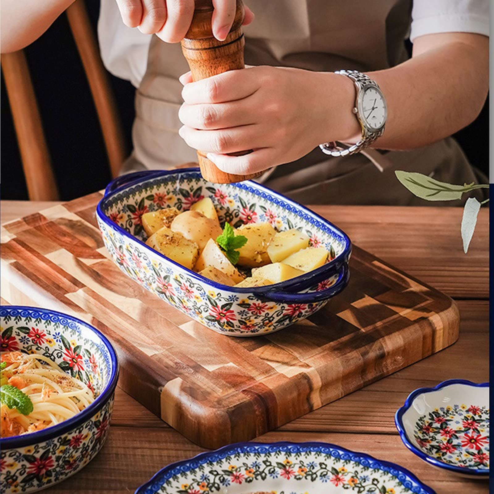 Obuuszne naczynie do pieczenia, naczynia do pieczenia Retro naczynie do pieczenia Ceramiczne naczynia do pieczenia Domowy ręcznie malowany talerz sałatkowy Miska do ryżu Obustronna forma do pieczenia