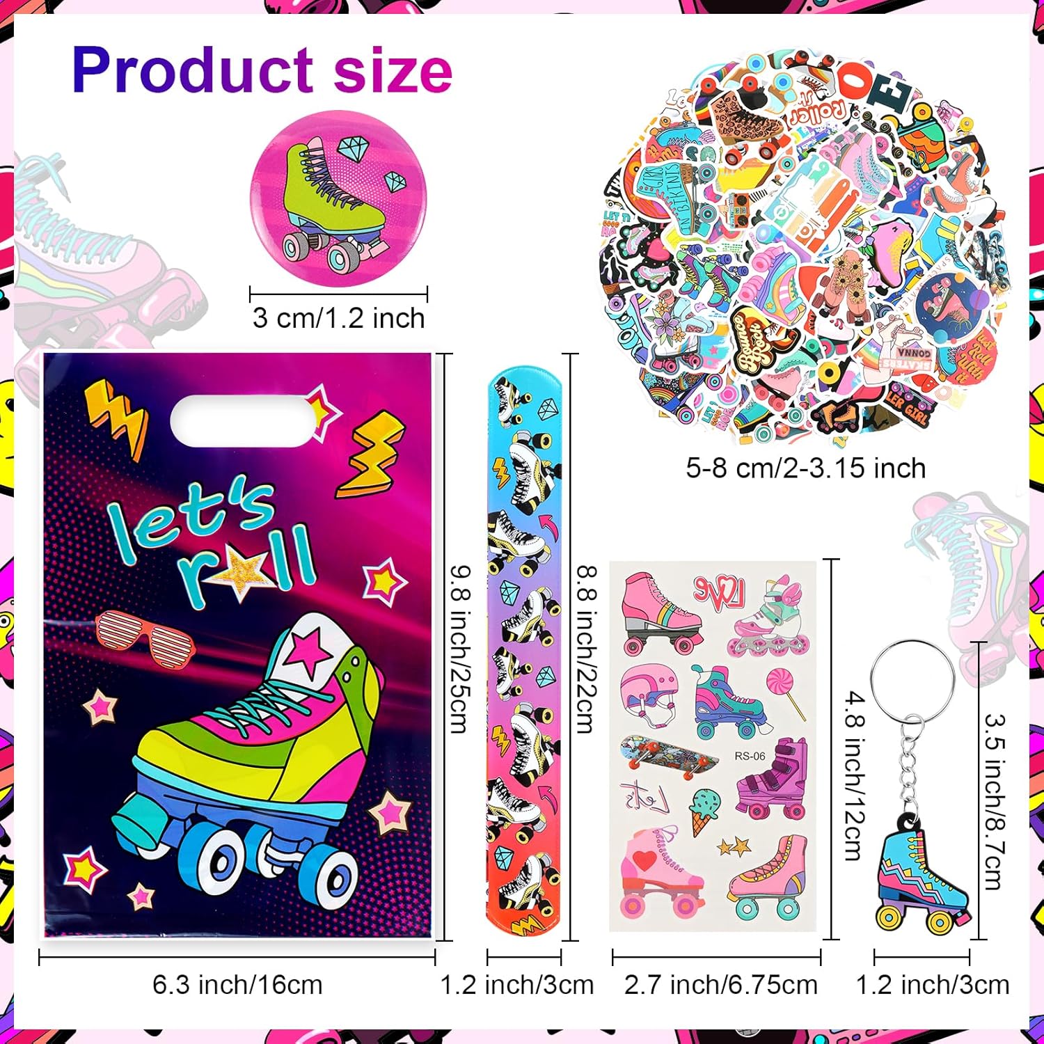 Kolewo4ever 220 Pieces Roller Skate Party Supplies Set Bulk Slap Bracelets, Stickers, Key Chains, Pin Badges,Temporary Tattoos and Goodie Bag Fillers for Retro 1980s Hip Hop Party (Roller Skate)