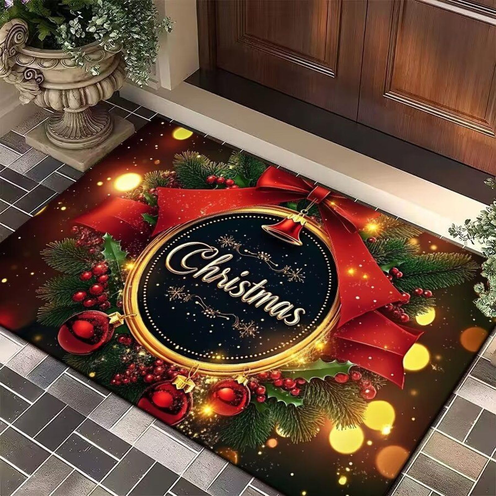 Zerbino Ingresso Esterno Palla Di Natale Rossa Zerbino Ingresso Interno Rettangolare con Retro in Gomma Antiscivolo per Casa Camera da Letto Corridoio Cucina Ufficio 60x90 cm