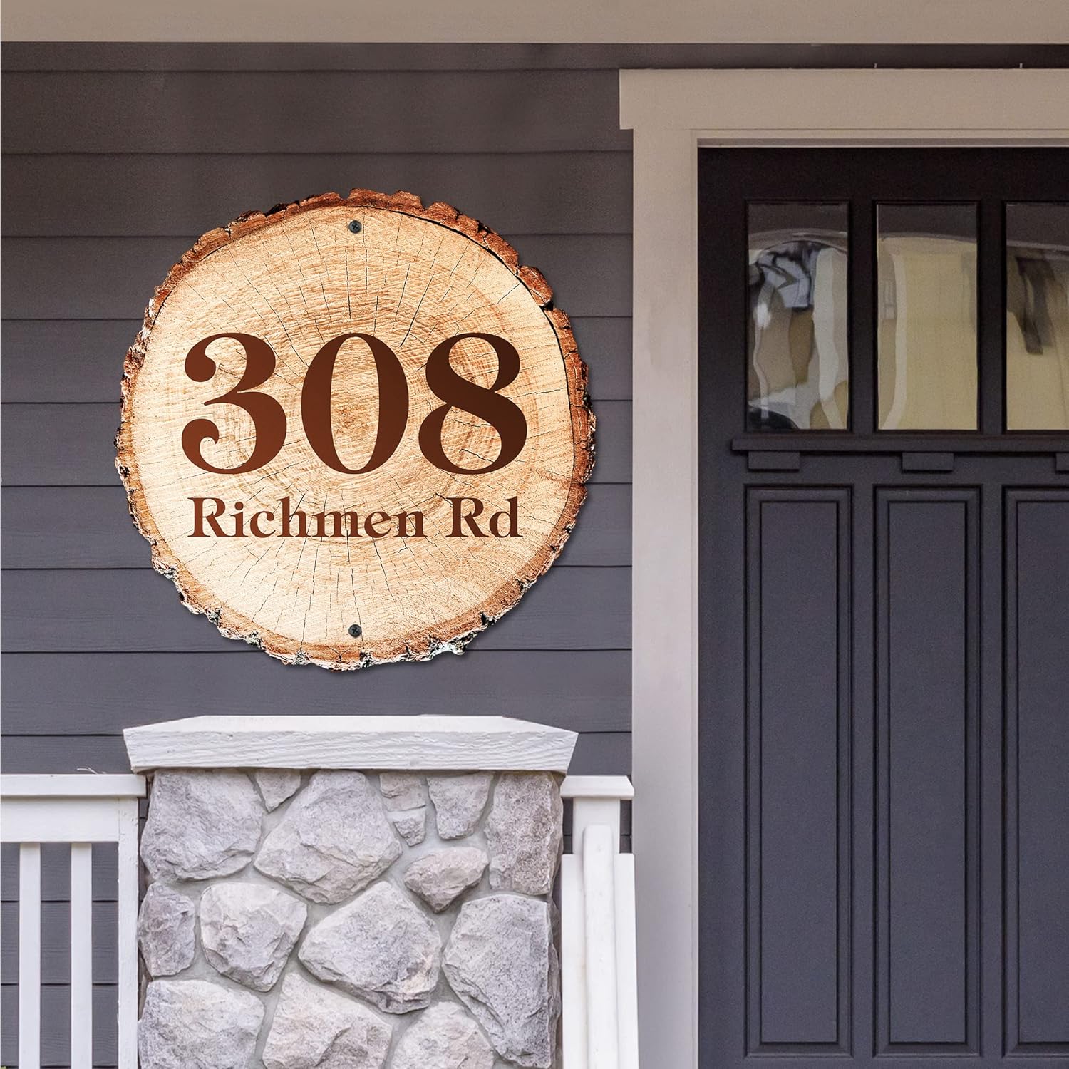 House Address Sign, House Number Plaque, 18x18 Reflective Thick Rust-Free, Fade Resistant Aluma Bond, 20 Font Style, Hole Options, USA Made by My Sign Center (Round - Stump Slice)
