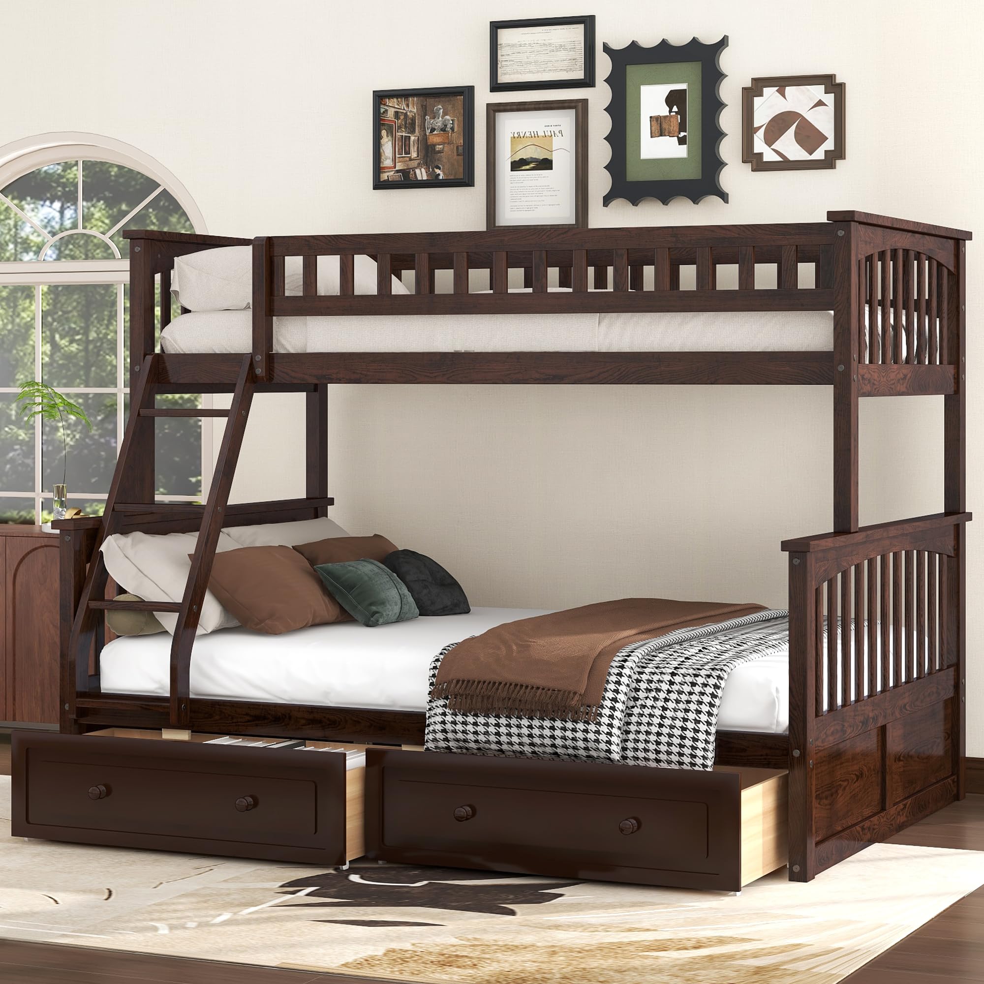 Harper & Bright Designs Convertible Wood Twin Over Full Bunk Bed with 2 Storage Drawers