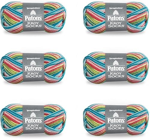 Patons Kroy Socks Meadow Stripes - Ovillo de lana a rayas, paquete de 6 unidades de 1.75 onzas, fibra mezclada, 166 yardas, tejido, ganchillo y