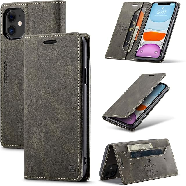 TOHULLE for iPhone 11 Case, Vintage Wallet Case Card Holder Kickstand Built-in Magnetic Flip Folio Leather Case for iPhone 11 - Coffee Brown