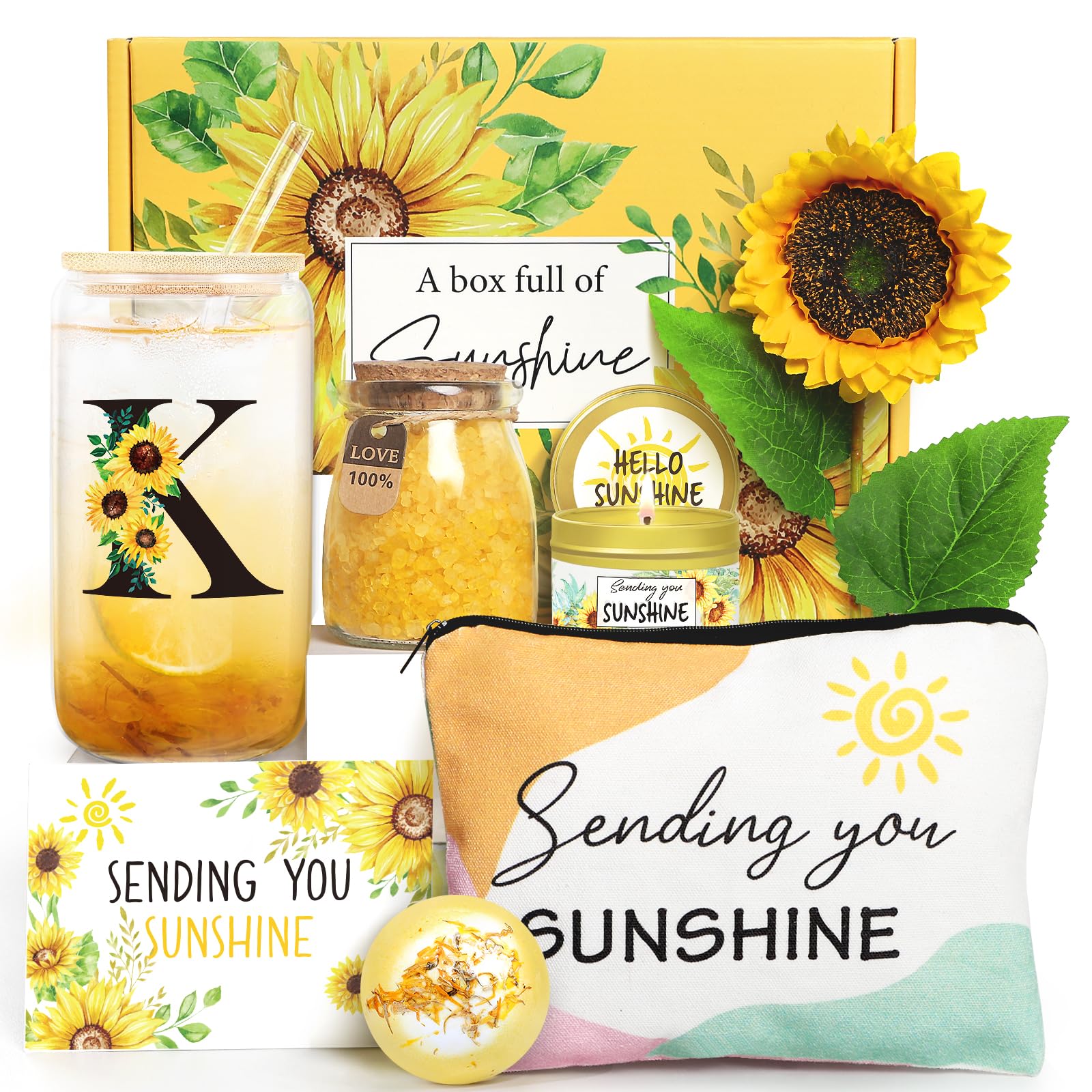 Sunflower Initial Gifts, Get Well Soon Gifts, Self Care Spa Birthday Gifts for Women Monogrammed Gifts, Sunshine Gift Baskets, Personalized Gifts, K