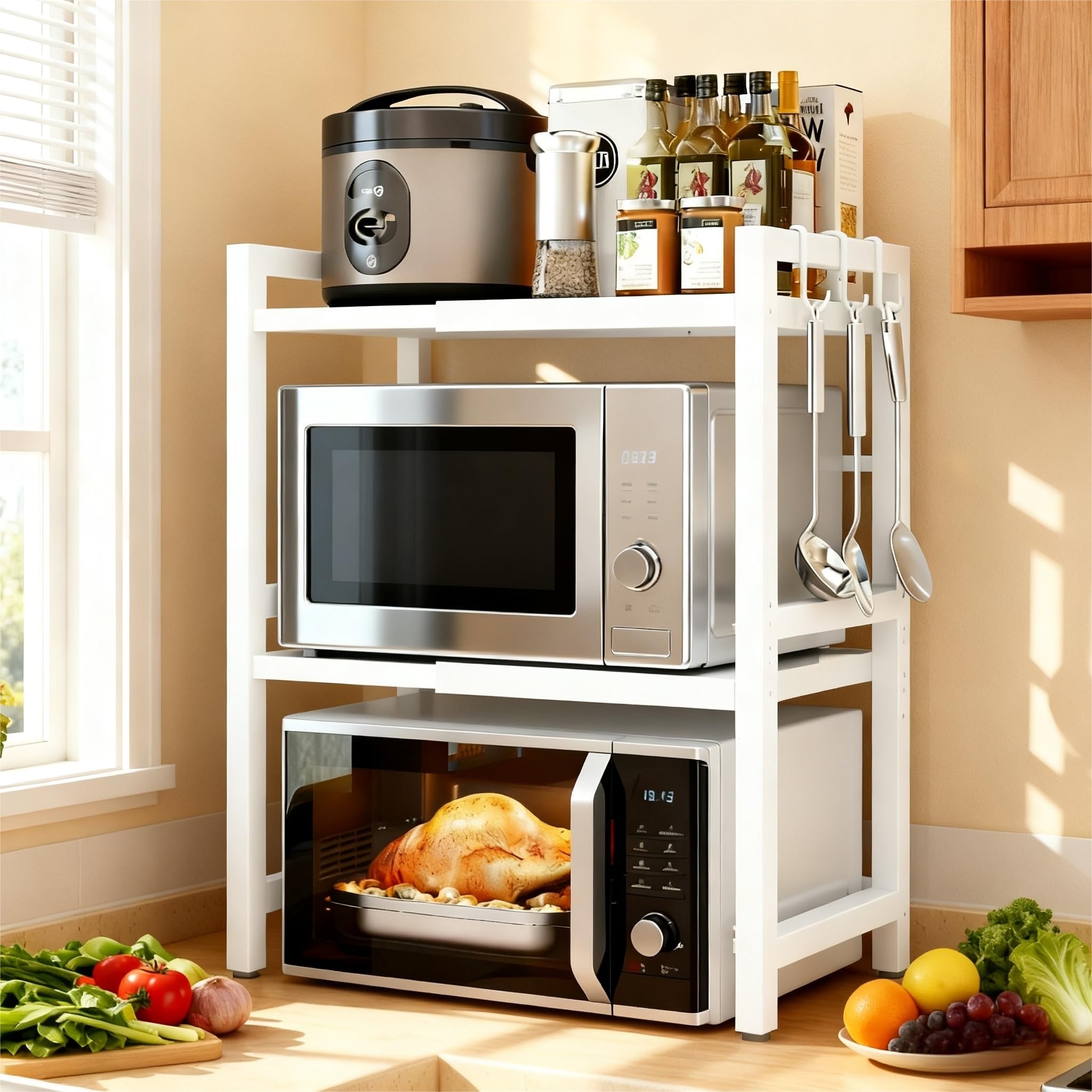 Homullel Expandable Microwave Oven Shelf Unit, Kitchen Countertop Microwave Stand with Shelves, Adjustable Kitchen Counter Rack Small Storage Shelving Unit, Desktop Printer Stand (White, 2-Tier)