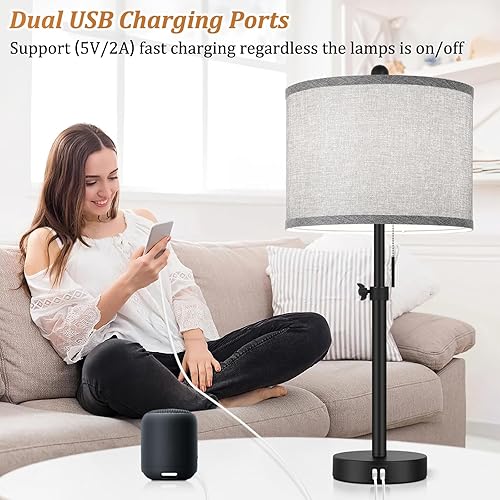 Miniatura 3 de Table Lamps for Bedroom Set of 2, 23''-30'' Adjustable Height Bedside Lamps with 2 USB Ports, Black Nightstand Lamps with Grey Linen Shade, Modern