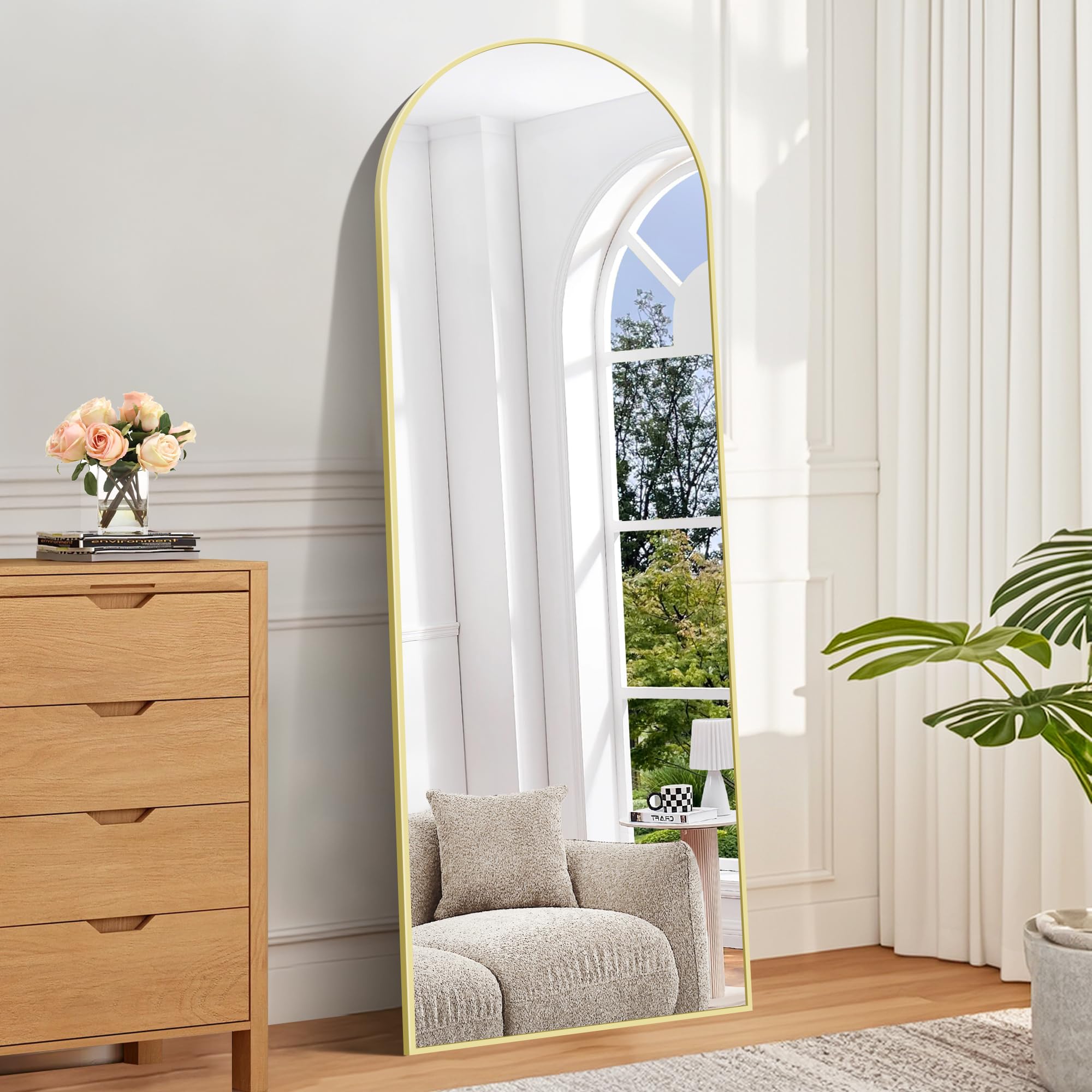 BONEWEI Espejo de Pie Cuerpo Entero Curvado, Espejos Grandes de Pared con Marco de Oro Aluminio 161 x 52 cm, Espejo de Pie Inclinado o Colgante para Salón, Dormitorio, Entrada