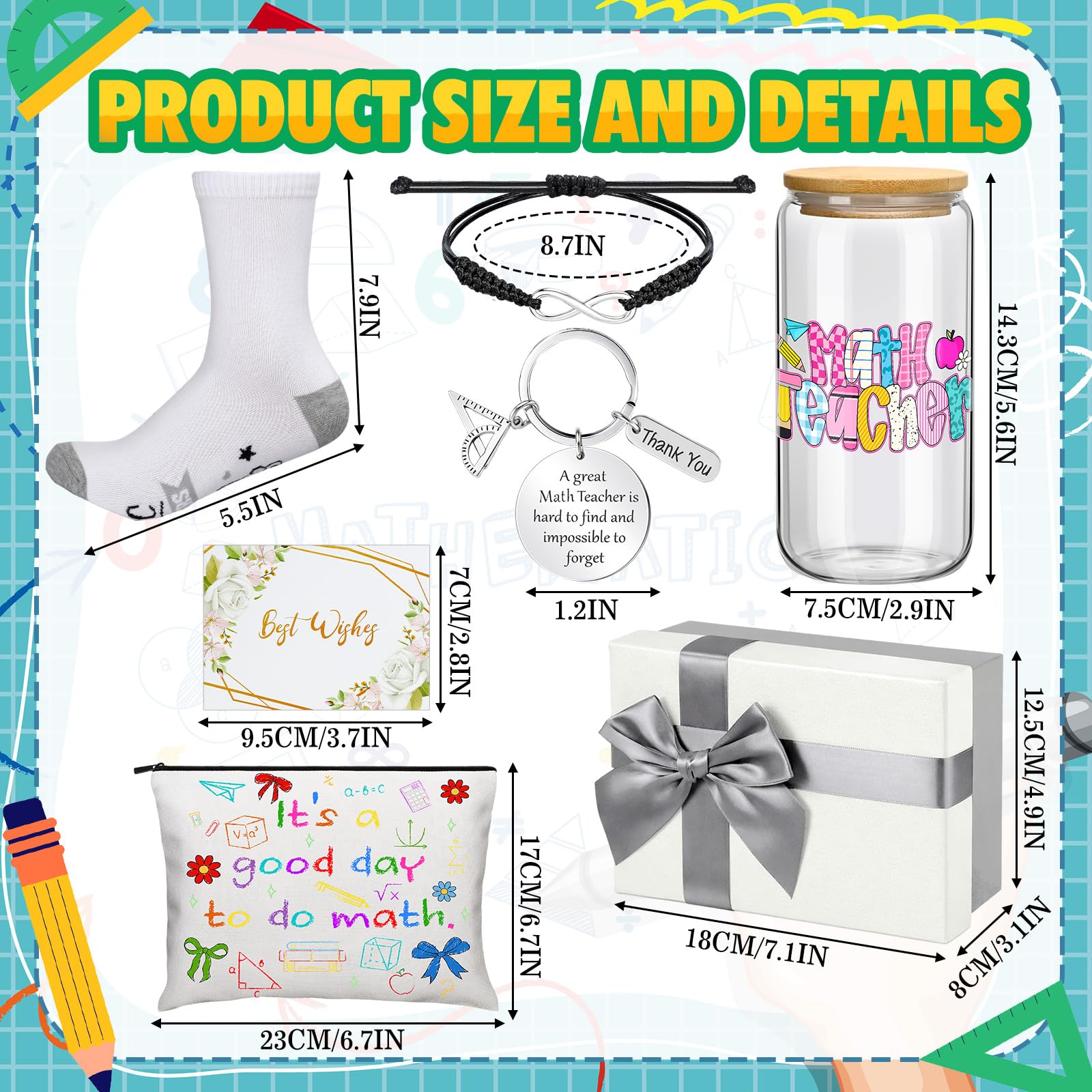 Remerry 7 Pcs Math Teacher Appreciation Gifts Include 16 oz Glass Cup Cosmetic Bag Socks Keychain Bracelet Card and Gift Box Ideas Thank You Basket for Math Teacher from Students