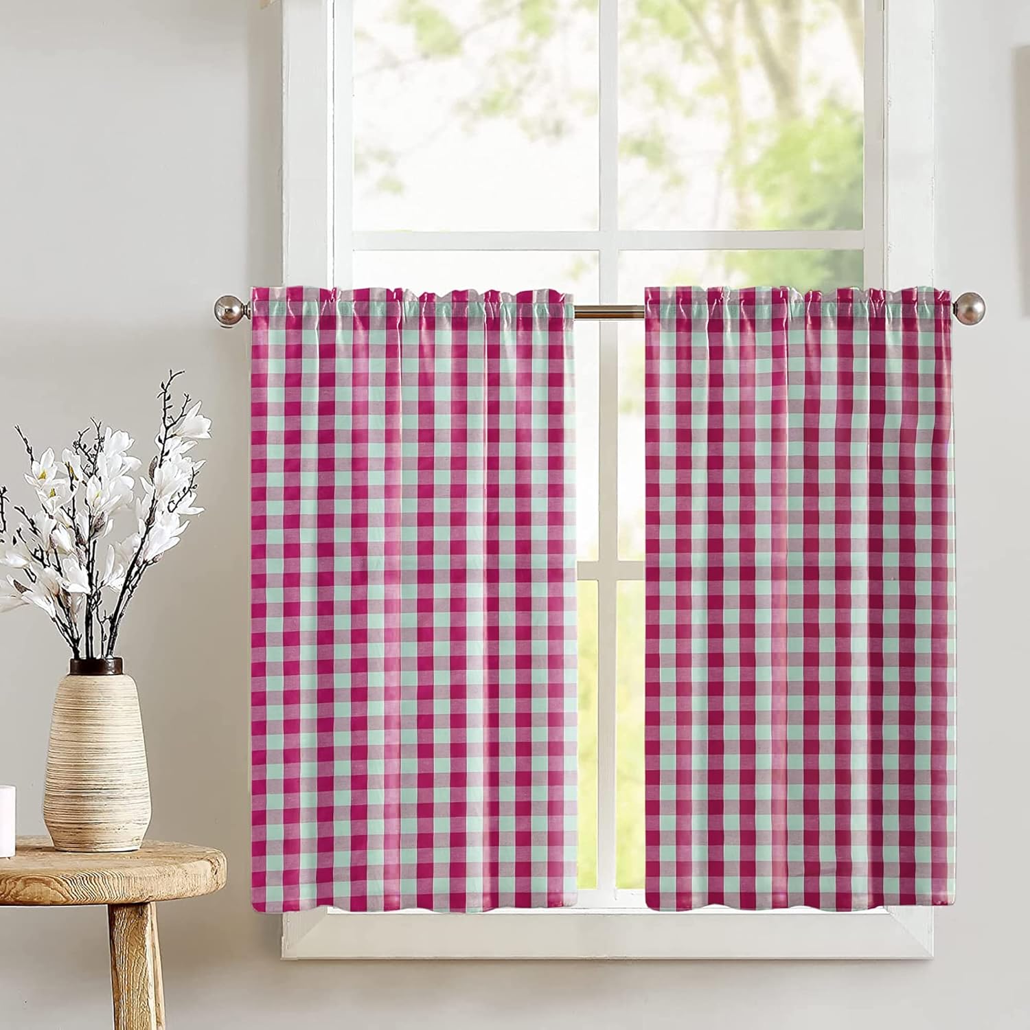 Zen Creative Designs Cotton Gingham Checkered Print Tier Window Valance 2 Piece Set Home Décor Bedroom Nursery Kitchen Window (Hunter Green)
