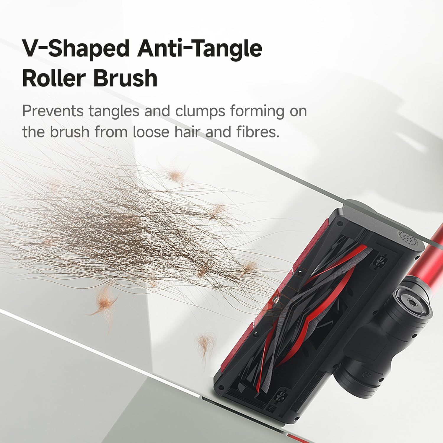 Close-up of uwant vacuum's V-shaped anti-tangle roller brush