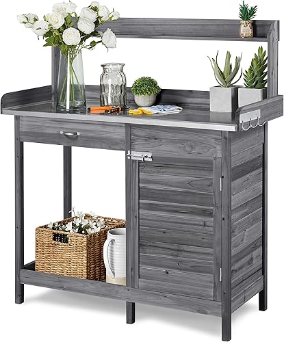 Topeakmart Banco para macetas de jardín, estación de trabajo de madera, mesa para macetas de madera al aire libre, estante superior, estante