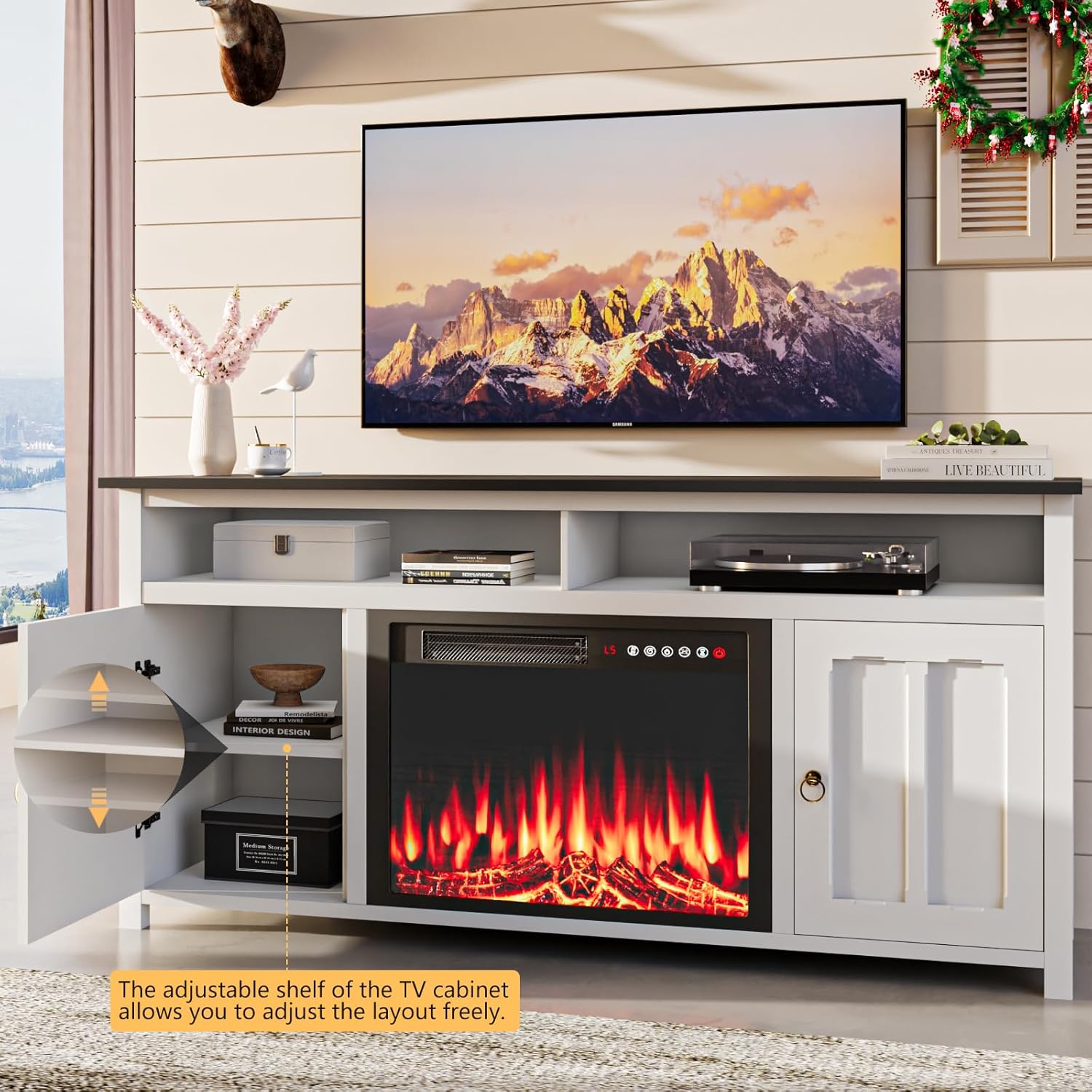 TAVATA Farmhouse Fireplace TV Stand, 58" Modern Entertainment Center with 23" Fireplace for TVs up to 65 inch, Modern Media Console with Open Shelf & Storage Cabinet for Living Room (Black)