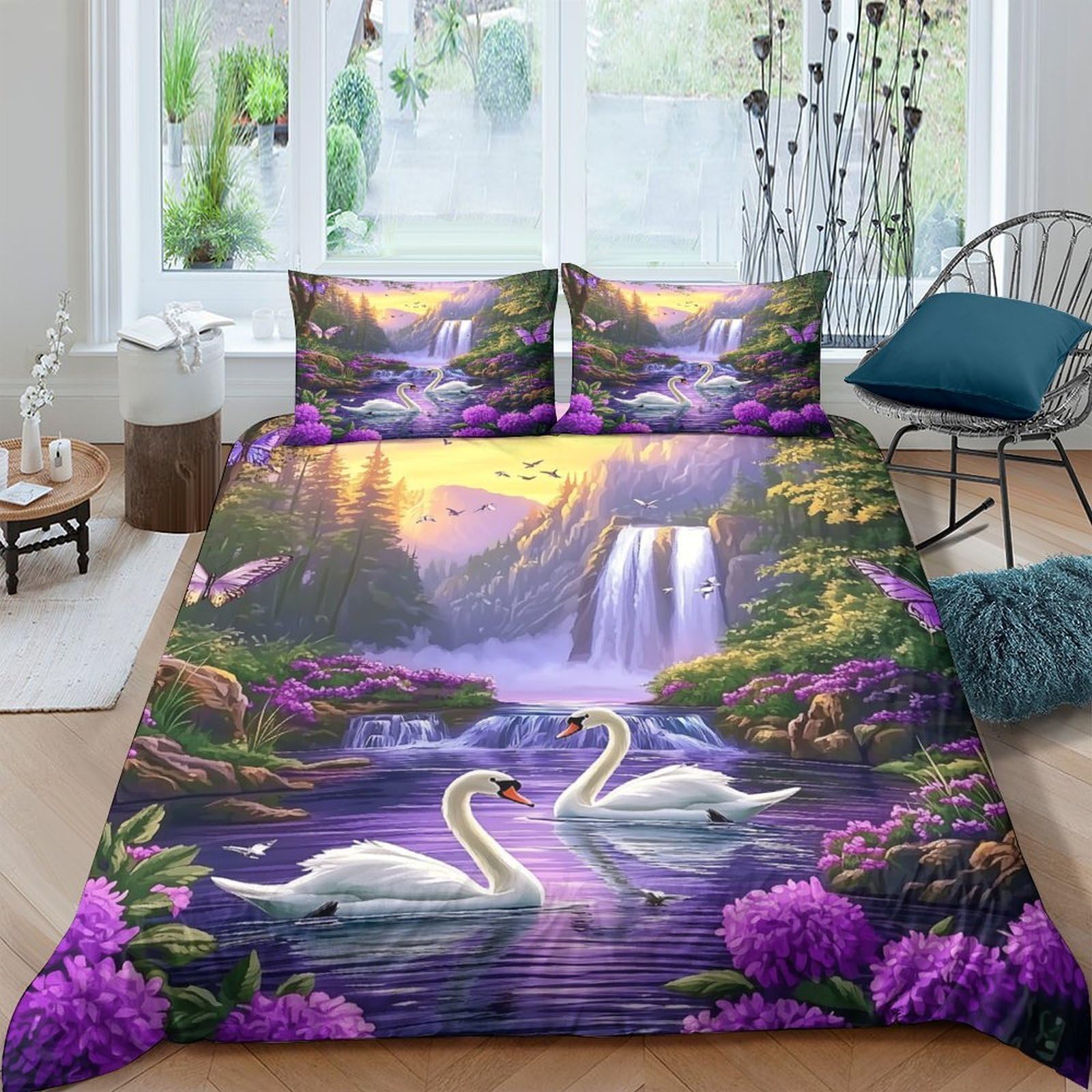 Ctjqhvkz Style-4 3D Printed Swan Lake Fitted Sheet Microfiber Purple Waterfall Garden Mattress Cover Bedroom Decor Easy Care Single（135X200cm）