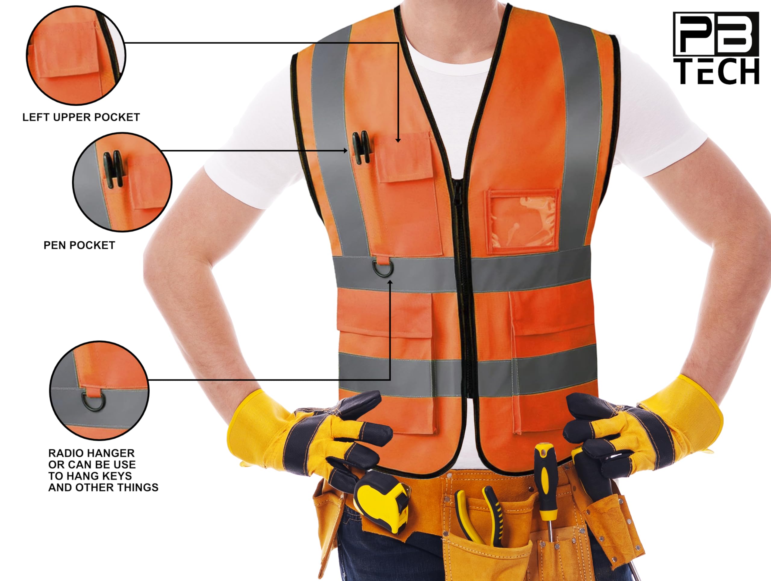 PB TECH Hi Vis Zipper Front High Visibility Reflective Vest Hi Vis Executive Jacket Vest Waistcoat ID & Multiple Pockets (Orange, XL) - Image 4