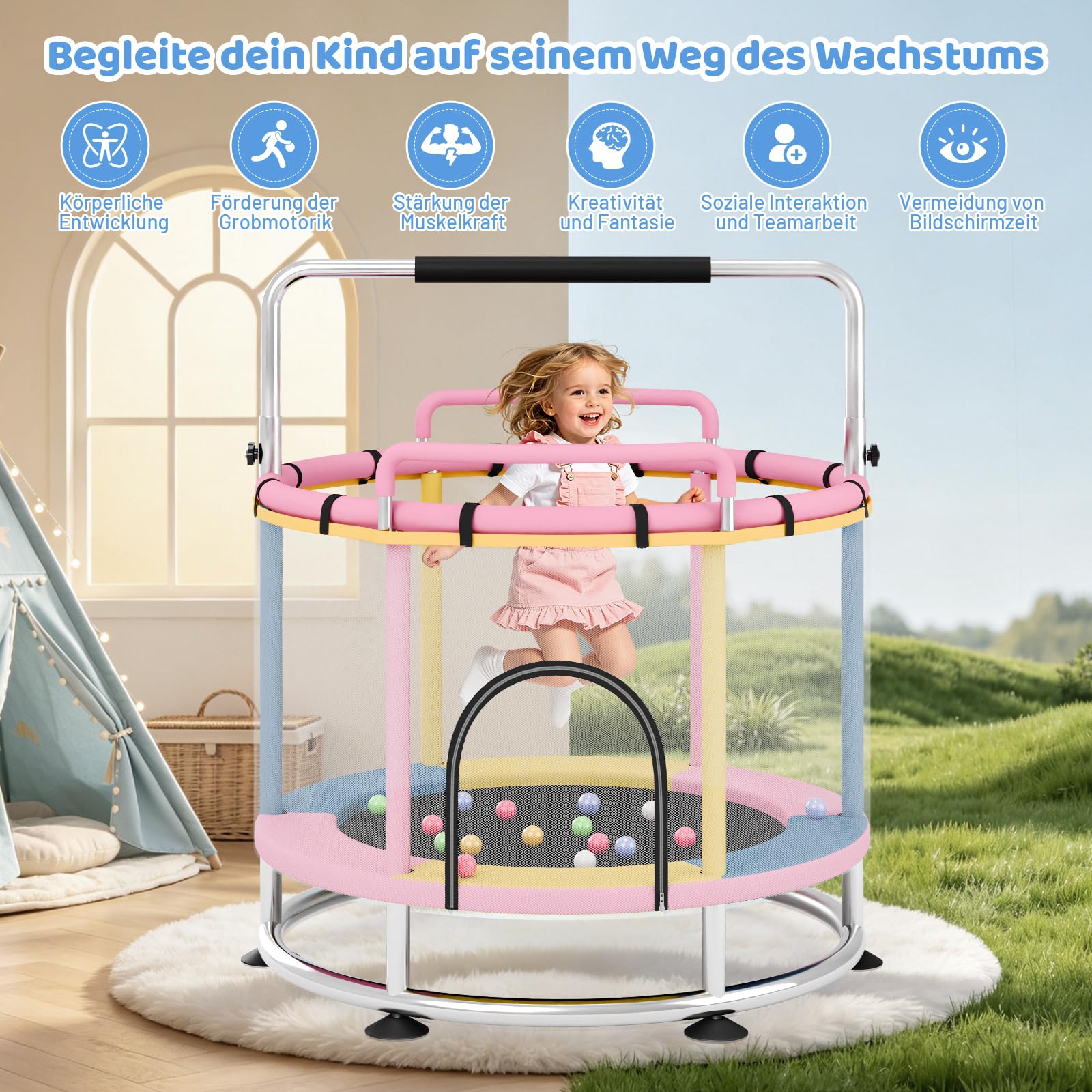 Trampoline pour enfants, 150 cm, charge maximale : 250 kg, barre de gymnastique réglable en 3 positions, filet de sécurité, base antidérapante, balançoire, sac de sable