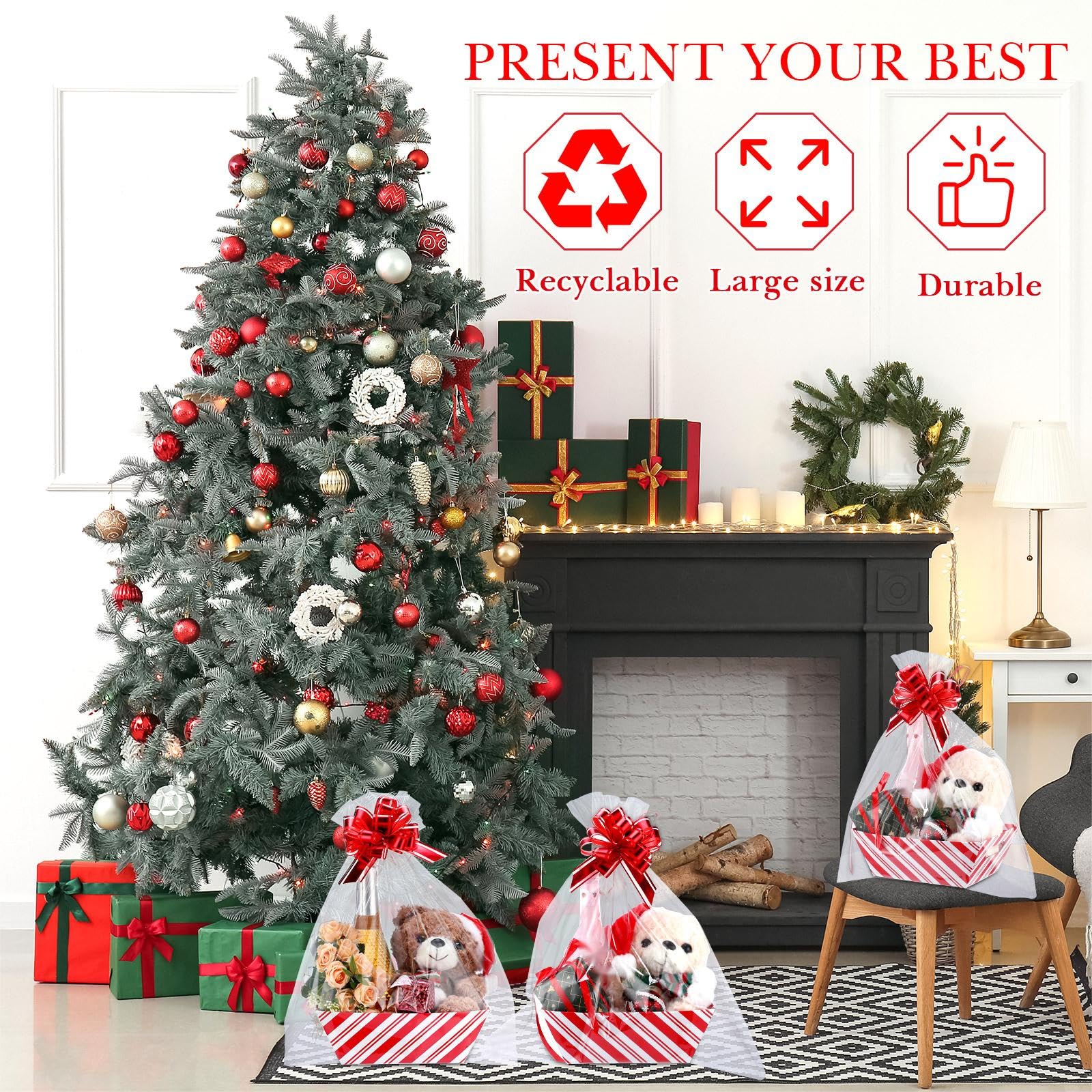 Il kit di 44 cesti regalo vuoti, include 12 cesti regalo vuoti, 12 sacchetti di plastica per cesti regalo e 20 fiocchi da tirare per matrimoni, Ringraziamento, Natale, feste, confezioni regalo (rosso,