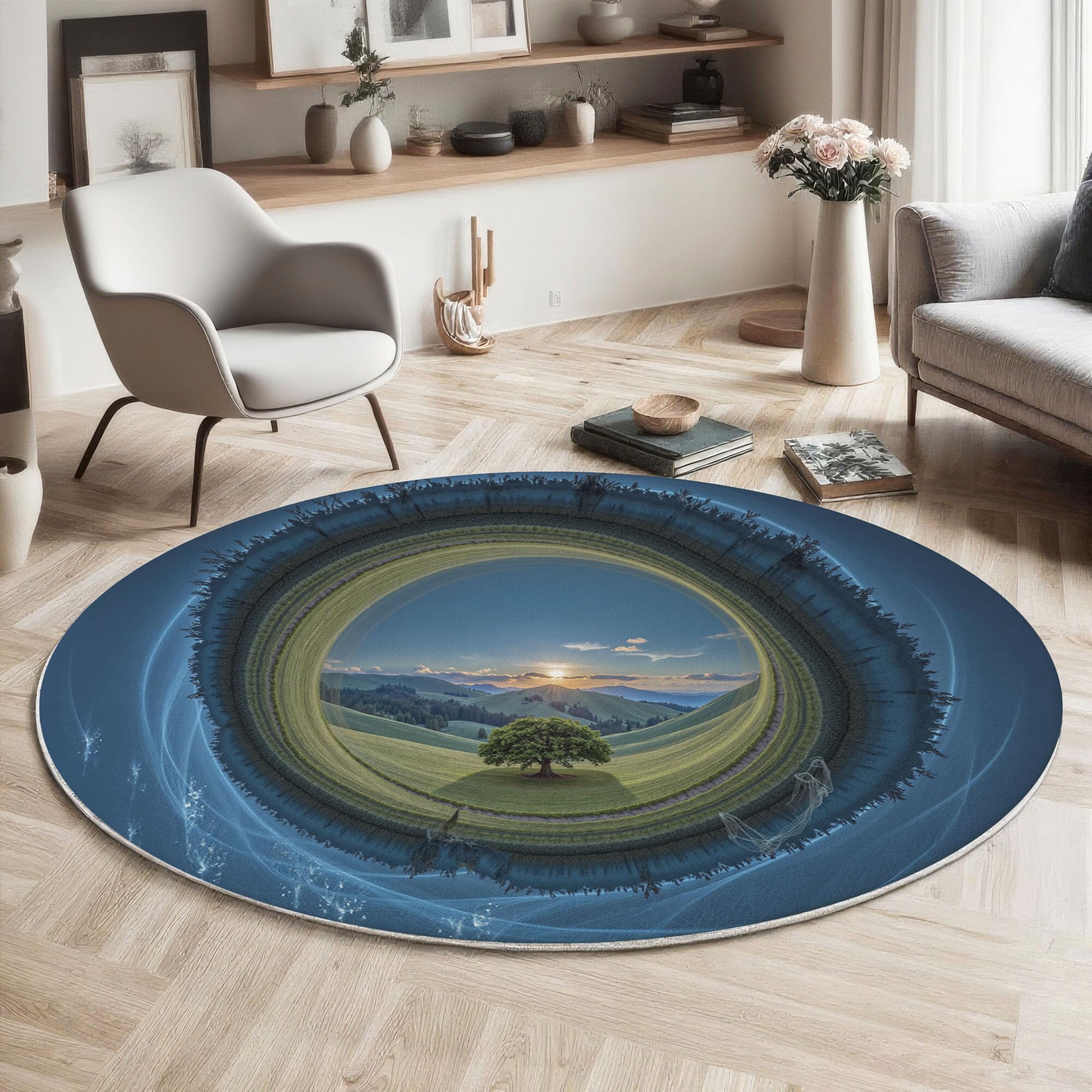 Tapis rond surréalisme fisheye lavable en machine et antidérapant 100 cm