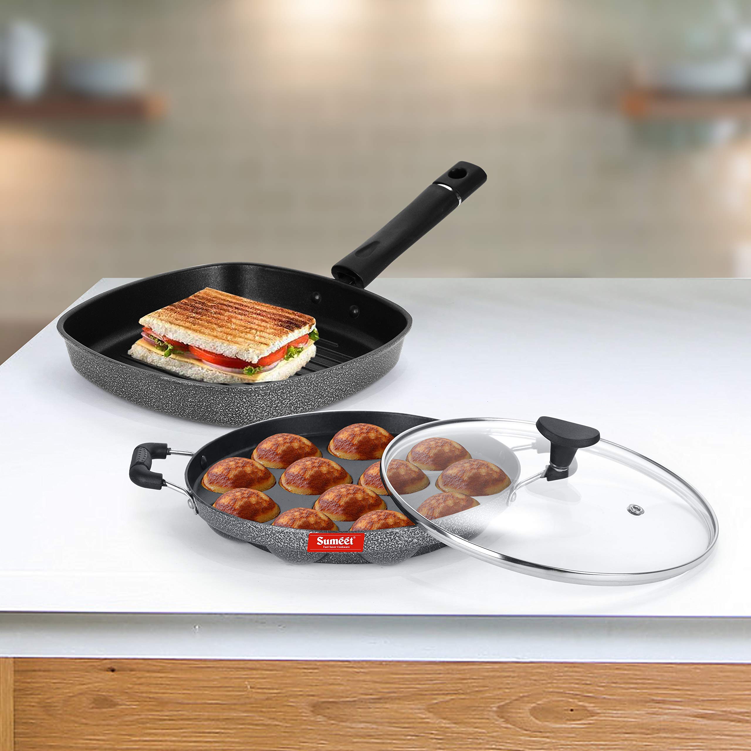 Sumeet NonStick Cookware Set (Appam Patra with Glass Lid - 12 Cavity Grill Pan-22cm Dia) - Image 2 thumbnail