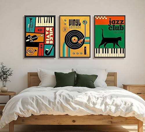 Miniatura 6 de JWDXNOOK 3 piezas de arte de pared retro de música de jazz, discos de vinilo vintage, pinturas de instrumentos musicales, gato negro sobre piano,