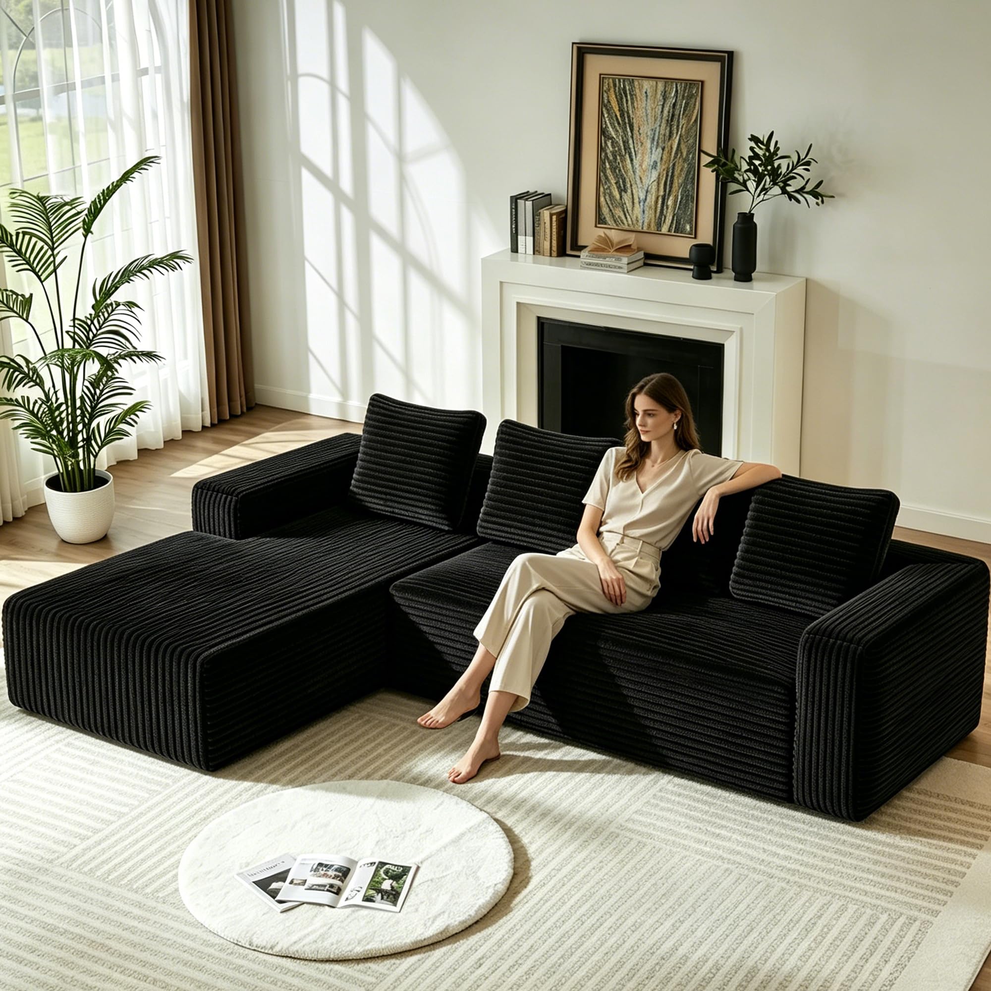 Sofá esquinero en forma de L, sofá de 4 plazas con meridiana y 4 cojines, sofá de pana, sin montaje, para salón y apartamento (Negro)