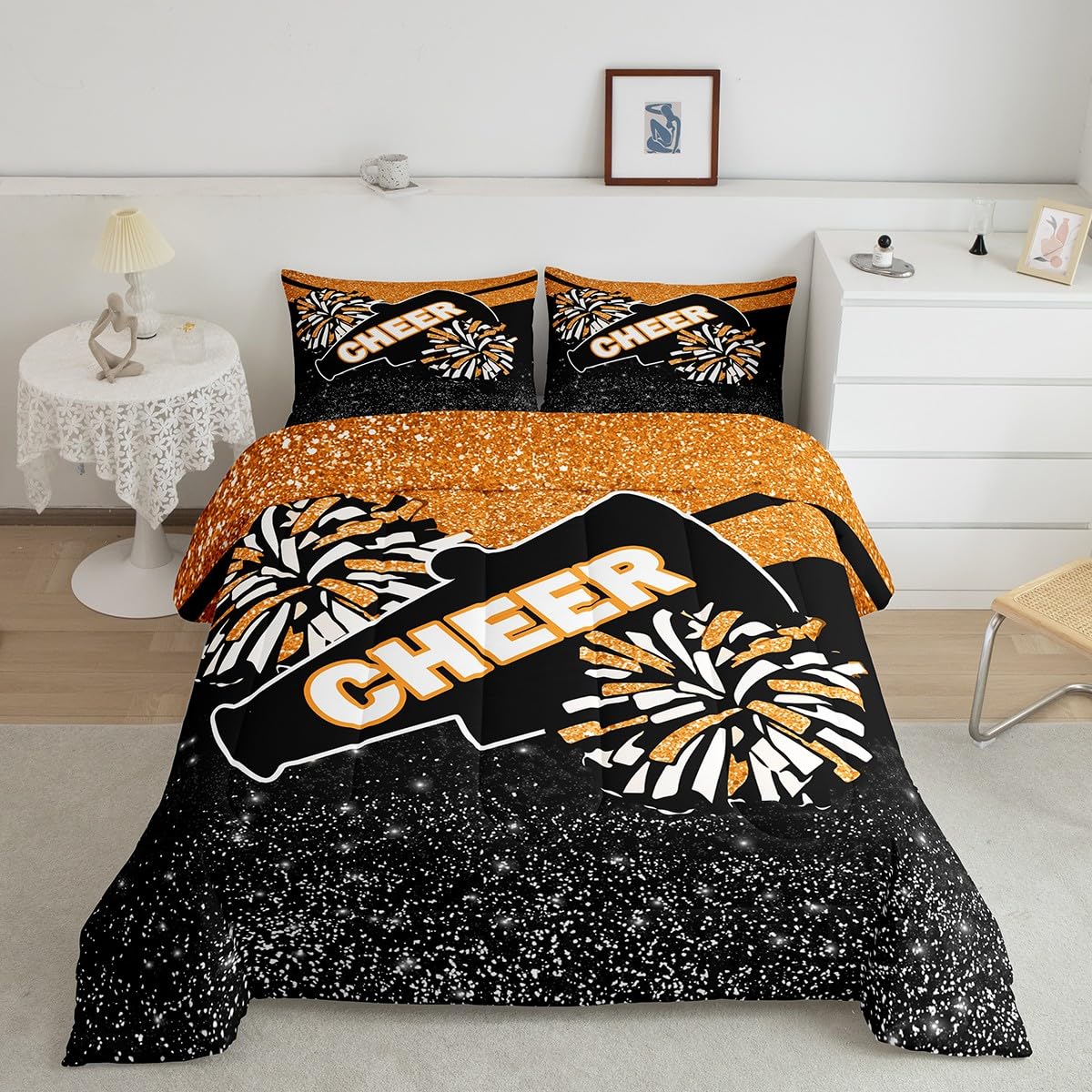 Feelyou Orange Glitter Cheer Comforter Set Toddler Size Dreamy Girly Gymnastic Sports Comforter for Kids Boys Girls Gymnastics Lovers Bedding Set Cheer Sports Duvet Set Room Decor Quilt Set