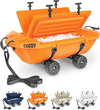 Cuddy Crawler Wheeled Cooler - 40 Quart Amphibious Floating Cooler & Dry Storage Vessel - Orange, Navy, Tan, White