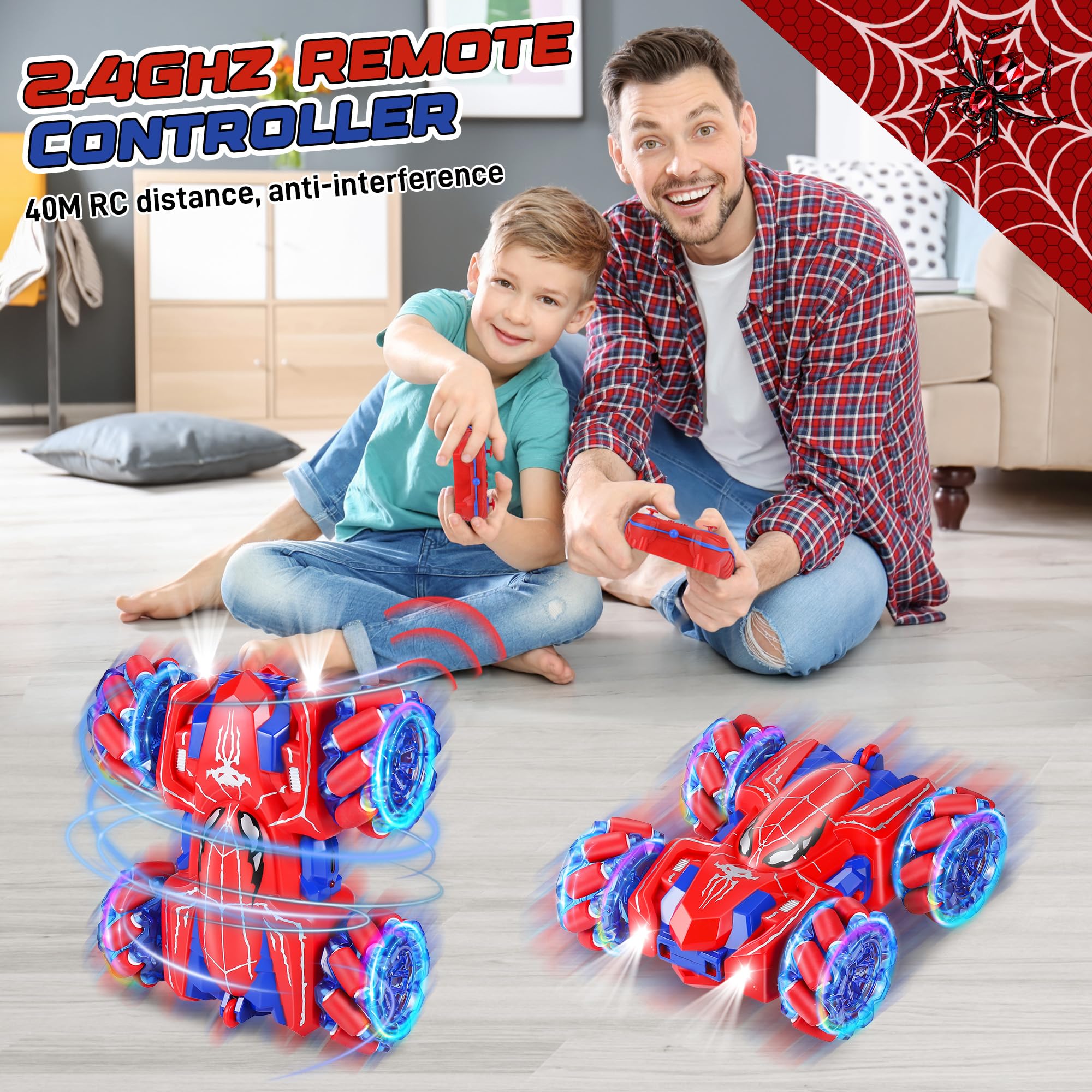 Kssvzz Spider Voiture Télécommandée Enfant 14km/h, 360°Rotation Jouet de Cascade RC avec Feux de Roue, 2.4GHz Voiture Radiocommandee 4 Roues Motrices, Jouet Cadeau pour Garçon Fille 3 4 5 6 7 8 9 Ans
