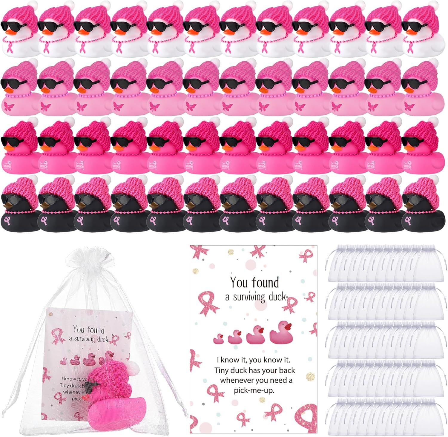 200 Pcs Breast Cancer Awareness Party Favor 50 Pcs Breast Cancer Rubber Duck 2 Inch Pink Ribbon White Black Sunglass Duck for Bath Pool 50 Pink Ribbon Card 50 Organza Bag 50 Hats for Gift