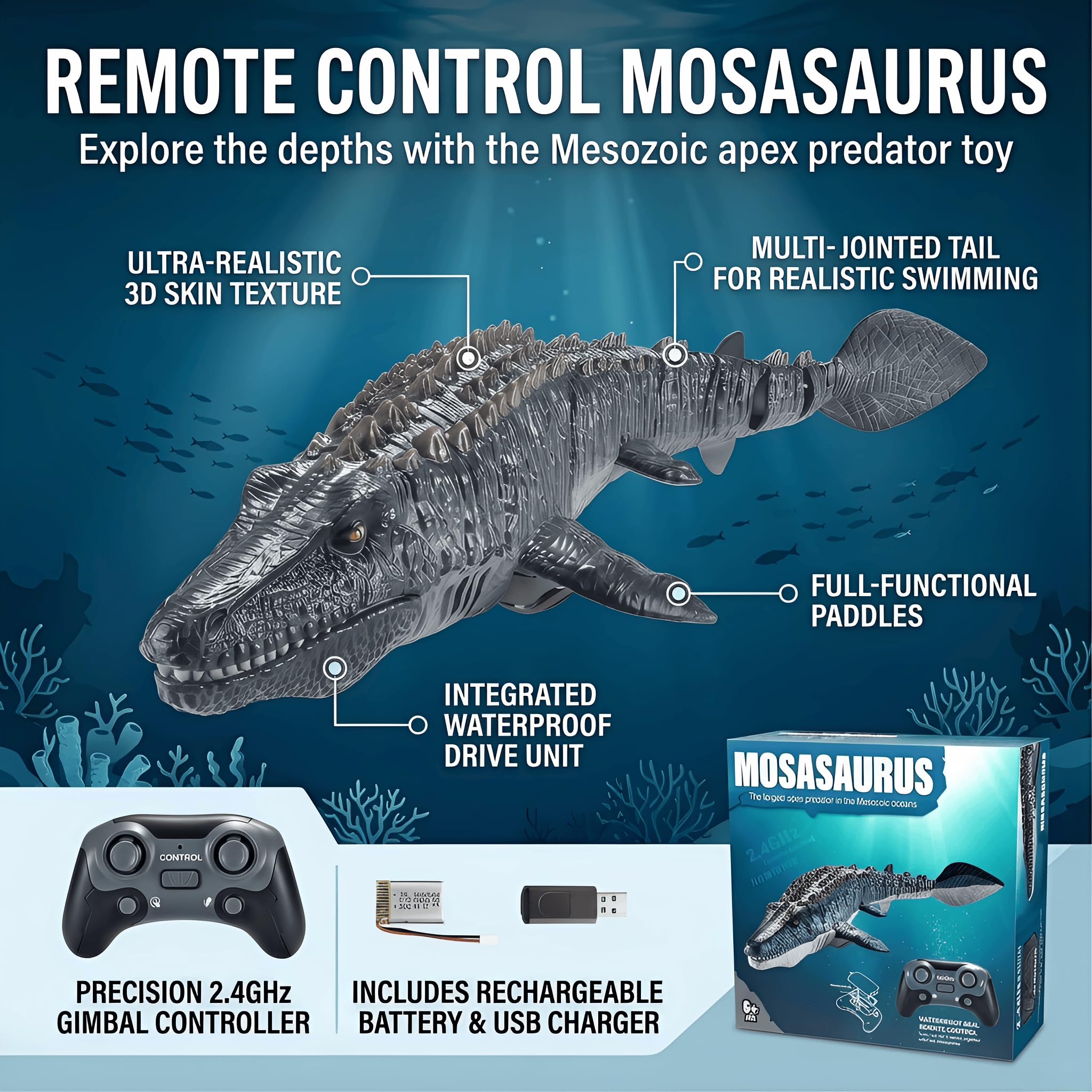 Funmo Bateau Télécommandé Mosasaure 2,4 GHz, Jouet Aquatique Électrique Dinosaure avec Lumière LED et Recharge USB, Cadeau pour Garçons et Filles à Partir de 8 Ans (A)