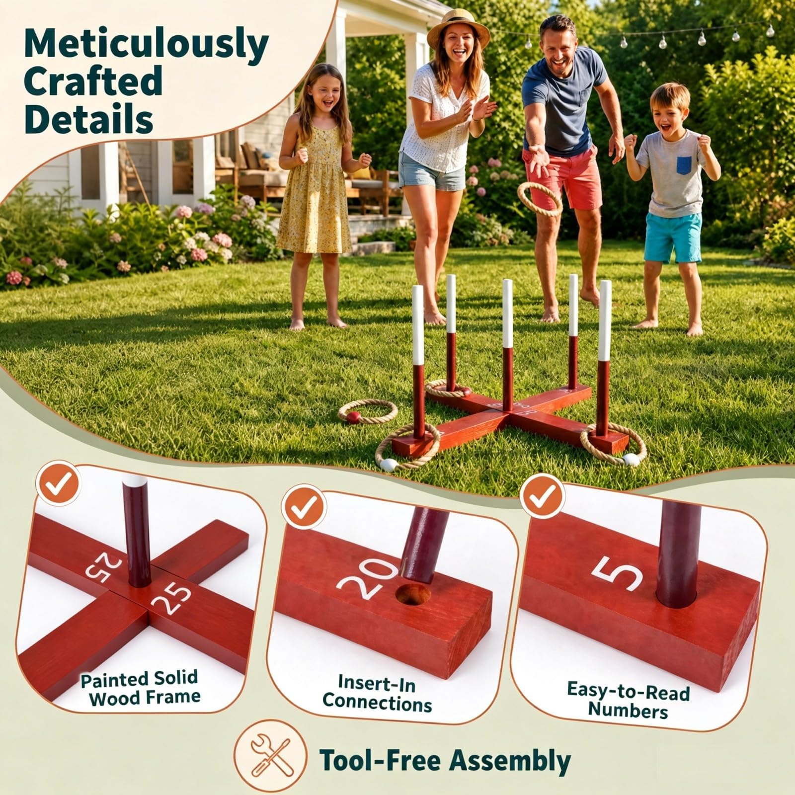 GOPLUS Juego de Lanzamiento de Anillas Portátil para Niños 3+ Años, Adultos | Juegos Exterior Niños de Madera con Base Cruzada, 5 Palitos y 6 Aros de Cuerda, Juguete para Lanzar, Jardín, Camping, Fiesta