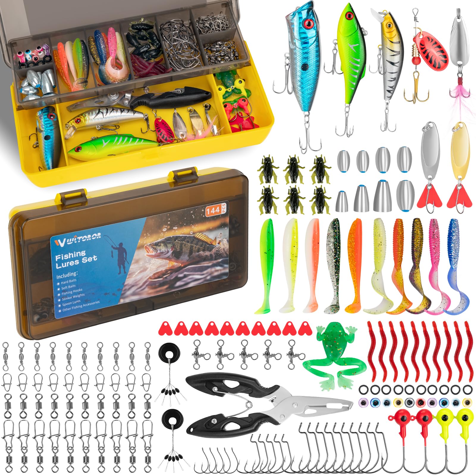 Fishing Lures, Tackle Box with Tackle Included, Crankbaits, Spoon, Hooks, Weights & Other Accessories, Fishing Bait Lure Gear Kit Gifts for Men Bass Freshwater