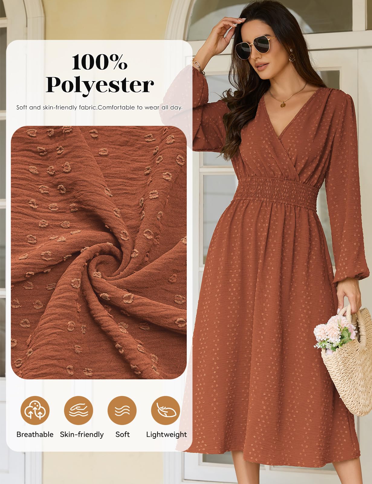 Robe Longue Femme Élégante Manches Longues | Col en V,Manches Lanterne,Taille Haute,Taille Élastique,Détail Pompons,Printemps,Automne,Hiver,Wrap,Bureau,Vacances