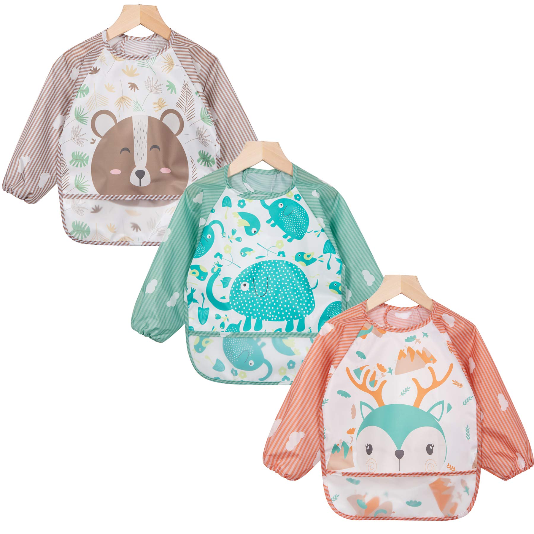 HaimoBurg Pack of 3 Long Sleeved Bib Set Waterproof Bibs Toddler Bibs with Crumb Catcher 6-36 Months