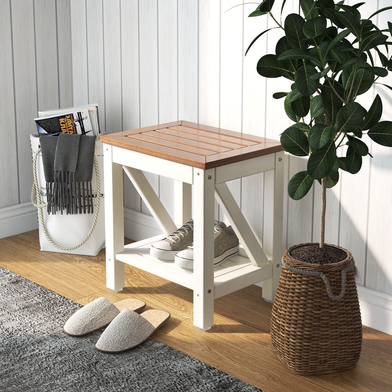 RELAX4LIFE Taburete de baño con estante de almacenamiento, Banquetas Asiento de ducha de HDPE, banco de ducha de hasta 150 kg para adultos y ancianos (42,5 x 32 x 46 cm, marrón)