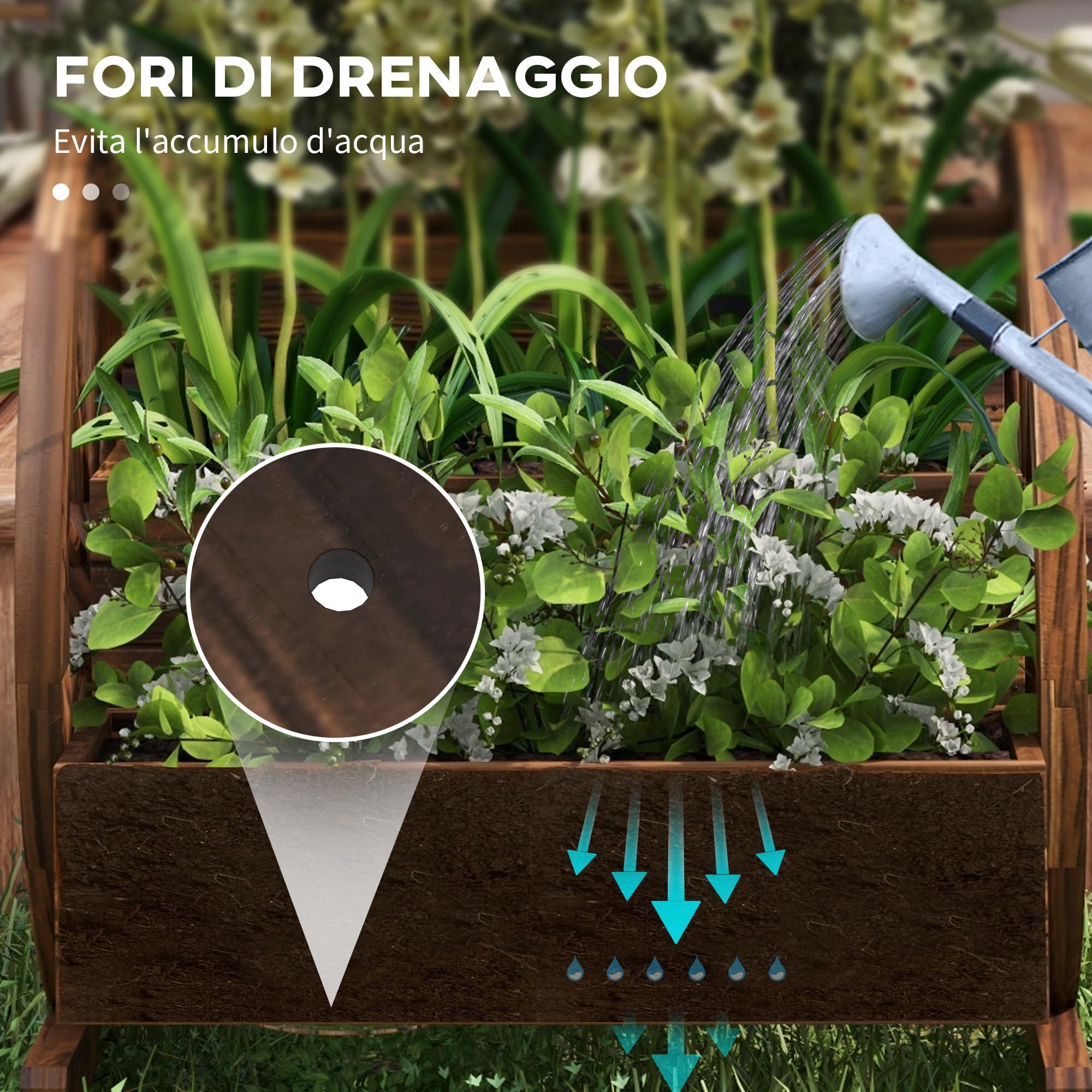 Outsunny Orto Rialzato da Esterno 2 Livelli 3 Vasi Ruote 64x54x60 cm | In Legno, Stile Country, per Fiori Erbe Aromatiche Verdure, Giardino Balcone e Terrazza