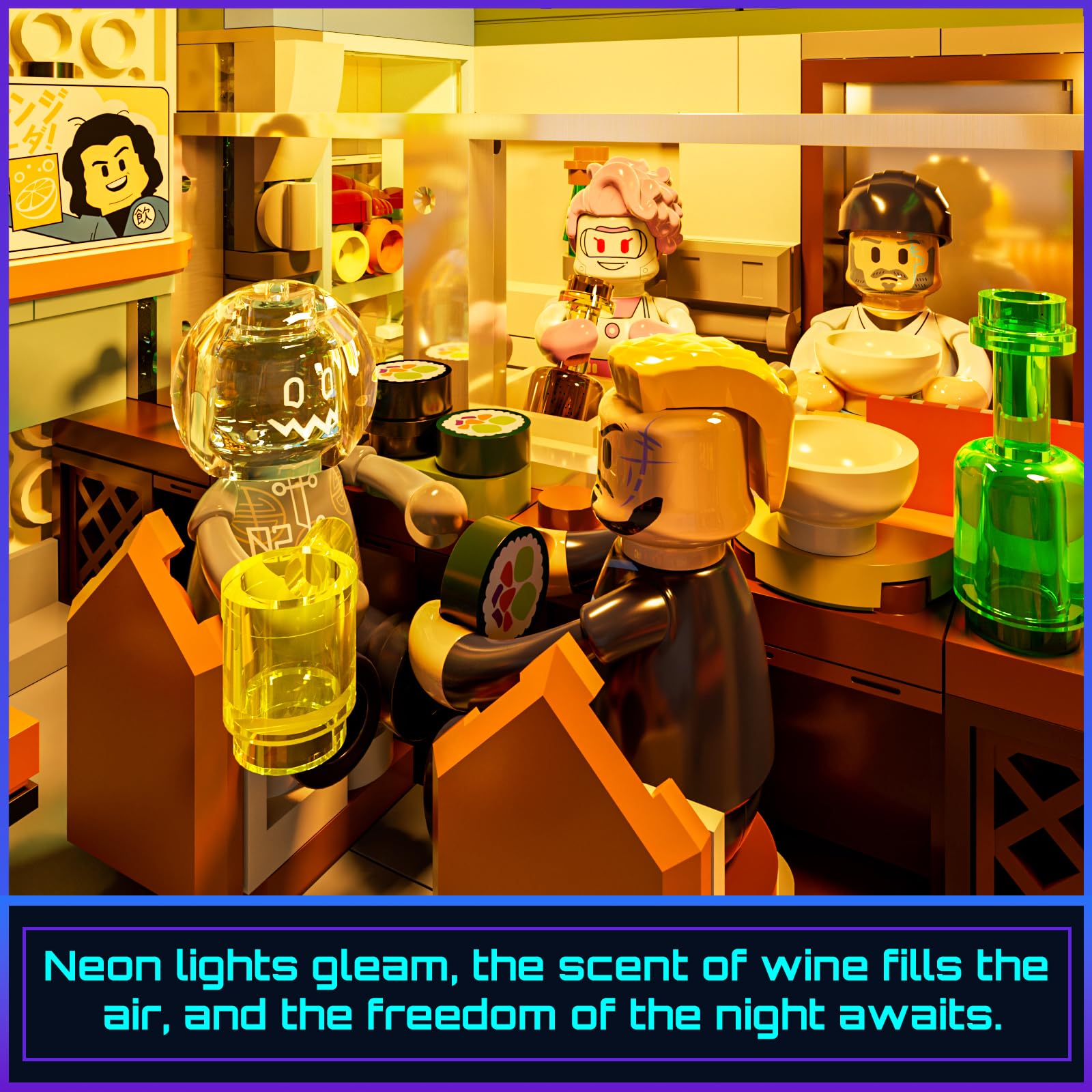 FUNWHOLE Cyberpunk Japanese-Izakaya Lighting-Building-Bricks Set - Cyberpunk Neon City Future Pub Japanese Street View House Collection LED Light Model Set 1987 Pcs for Adults and Sci-fi Lovers