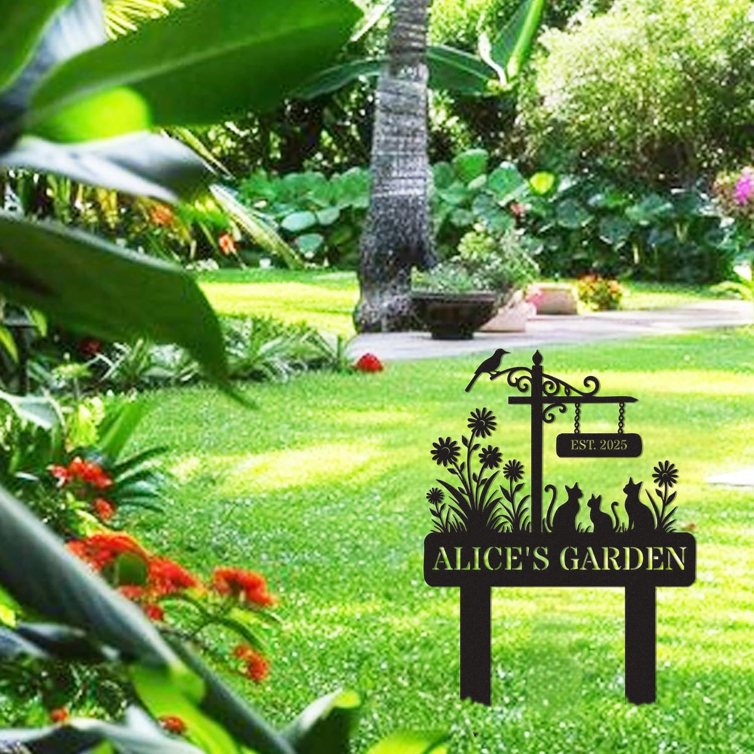 Targa da Giardino Personalizzata in Metallo con Testo Targa Decorativa da Esterno con Paletto Adatta per Decorare Cortili, Prati,Terrazze (Style 2)